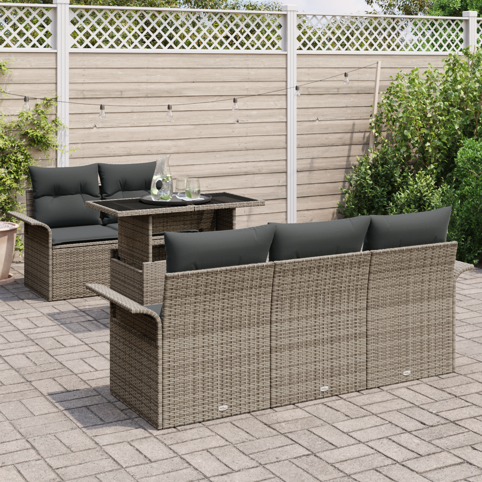 vidaXL 6-delige Tuinbankenset met kussens poly rattan grijs