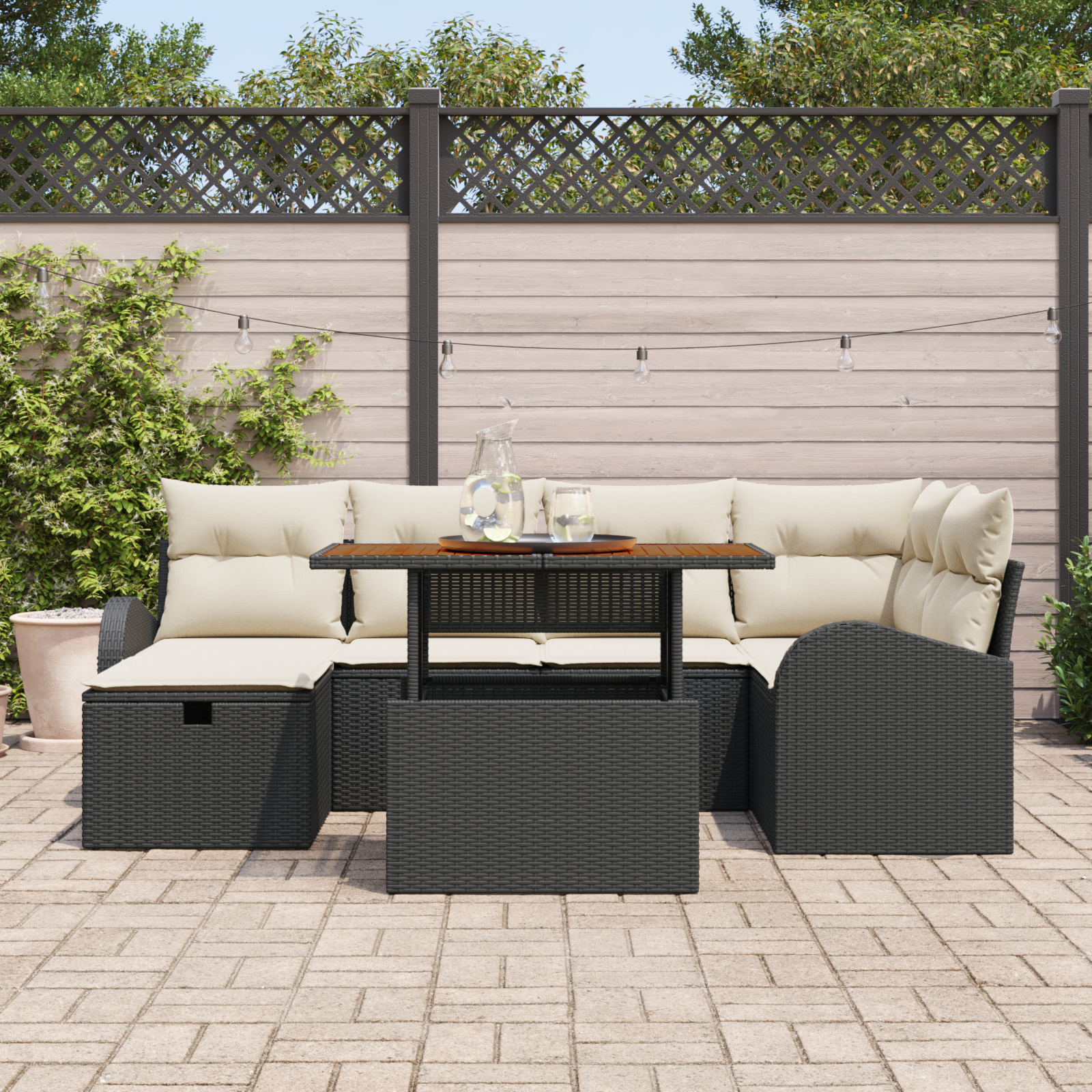 vidaXL 7-delige Tuinbankenset met kussens poly rattan zwart