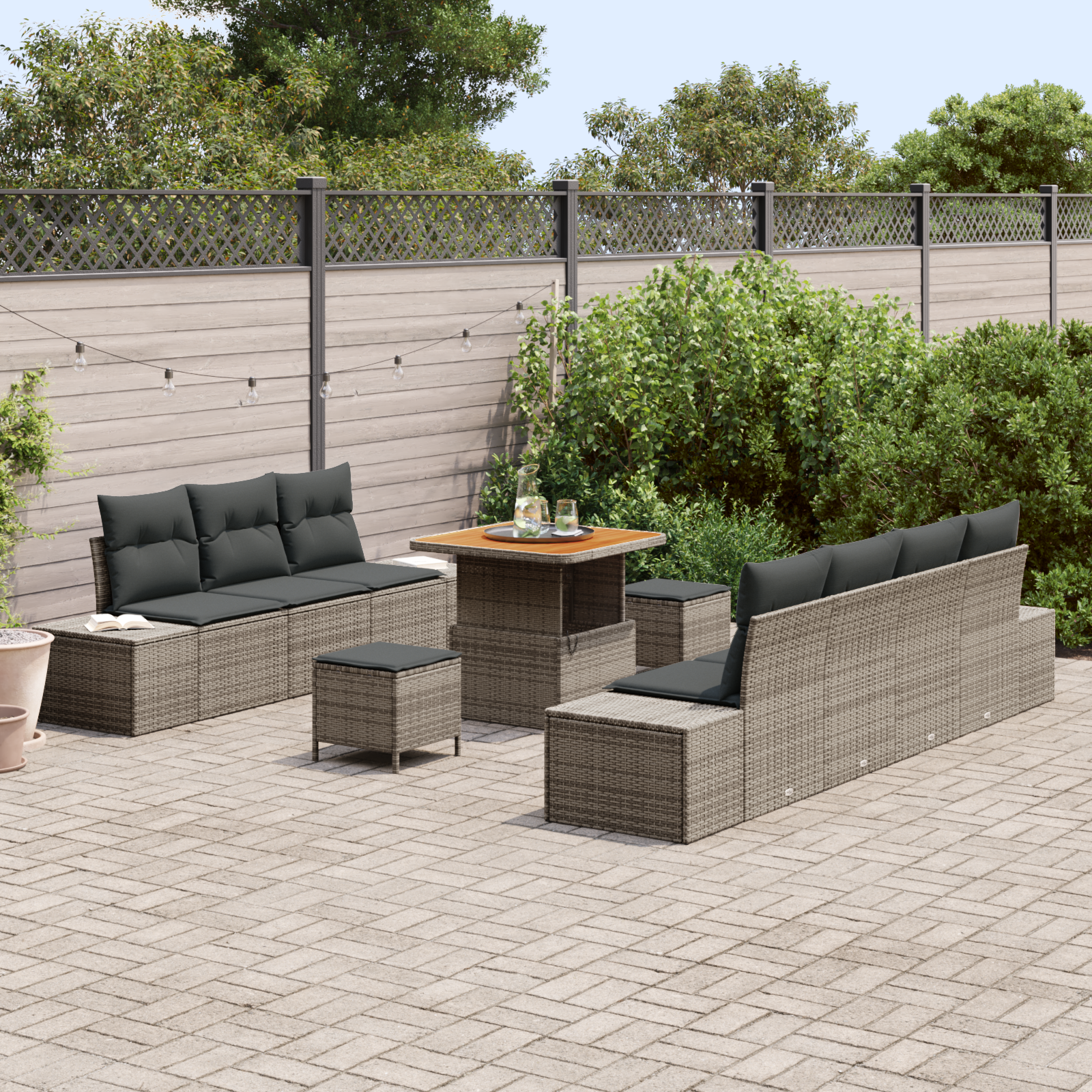 vidaXL 10-delige Tuinstoelset met kussens poly rattan acacia grijs