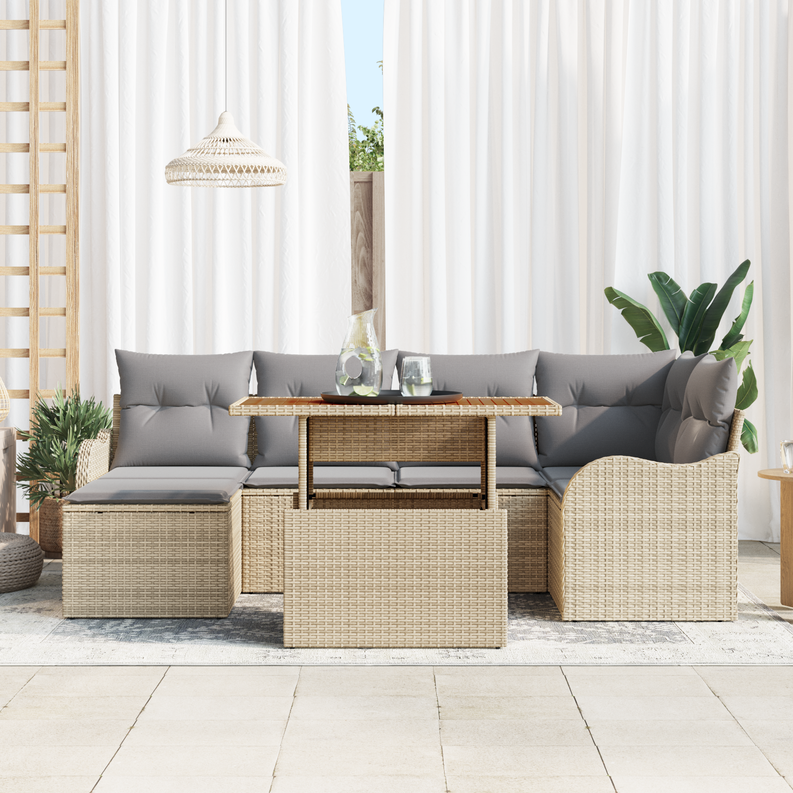vidaXL 7-delige tuinset met kussens Beige Poly Rattan Acacia