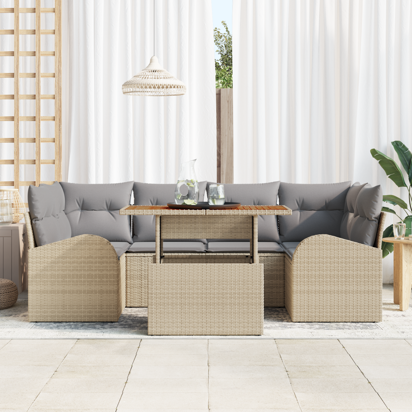 vidaXL 7-delige Tuinset met kussens poly rattan acaciahout beige