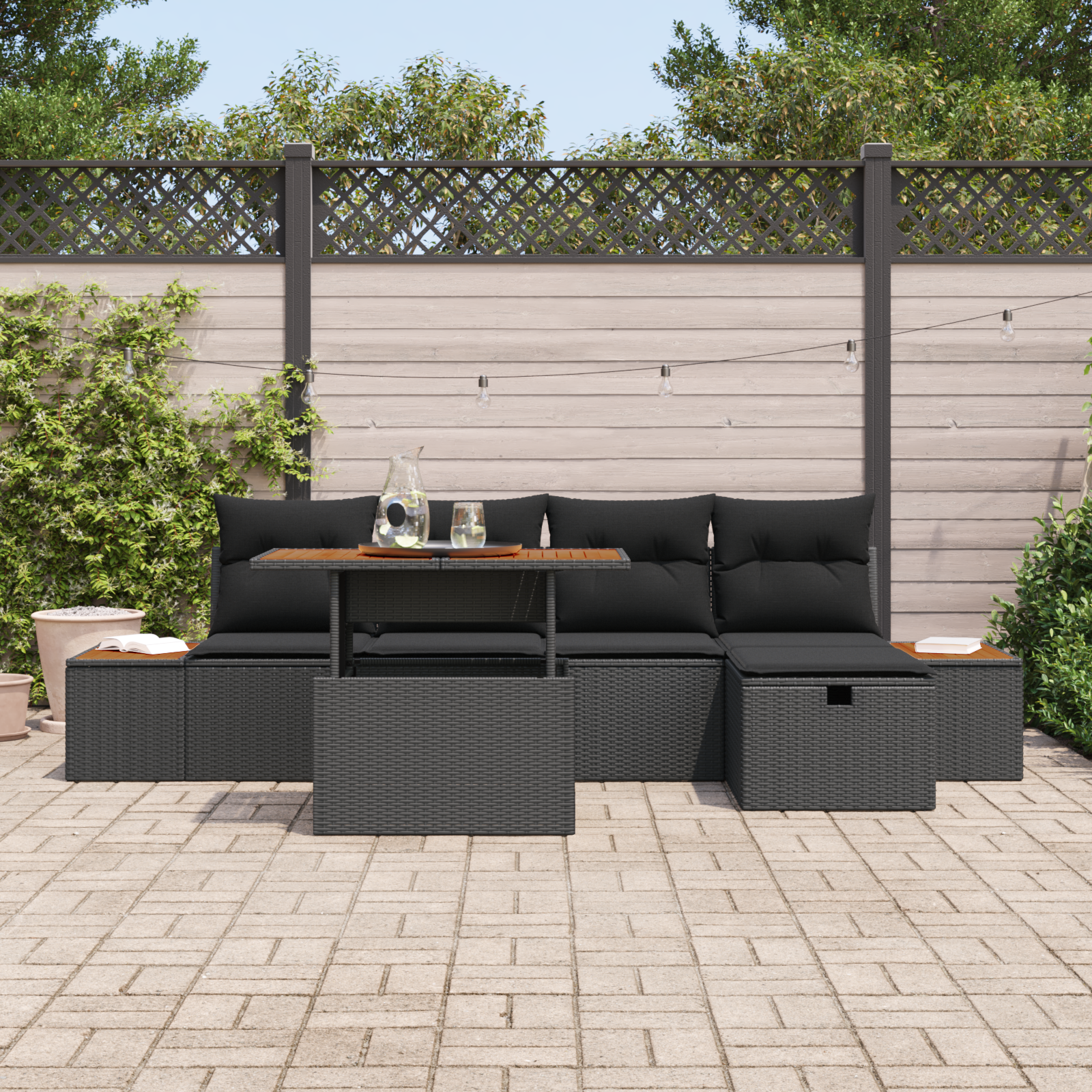 vidaXL 6-delige tuinset met kussens zwart poly rattan acacia