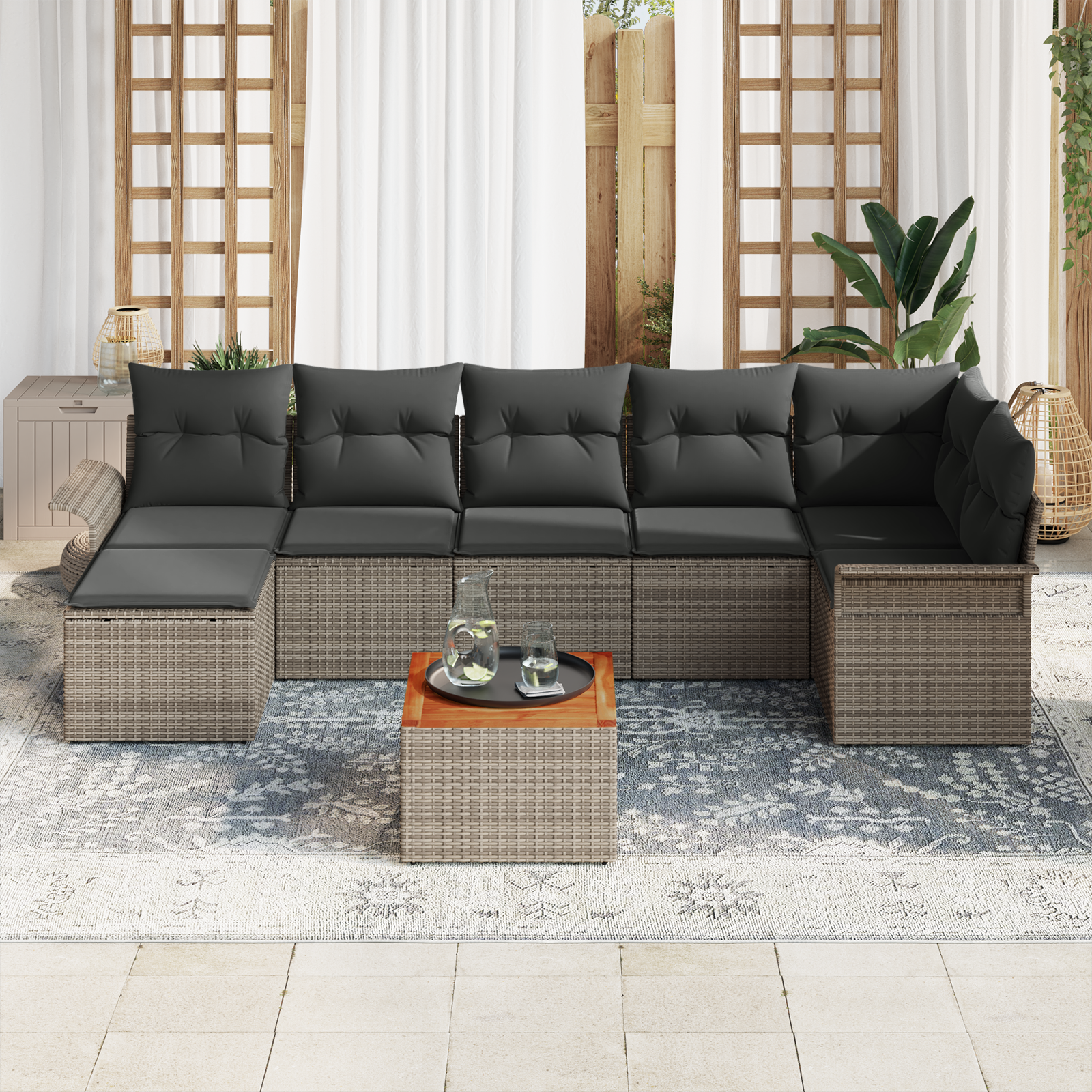vidaXL 8-delige Tuinbankenset met kussens poly rattan acaciahout grijs