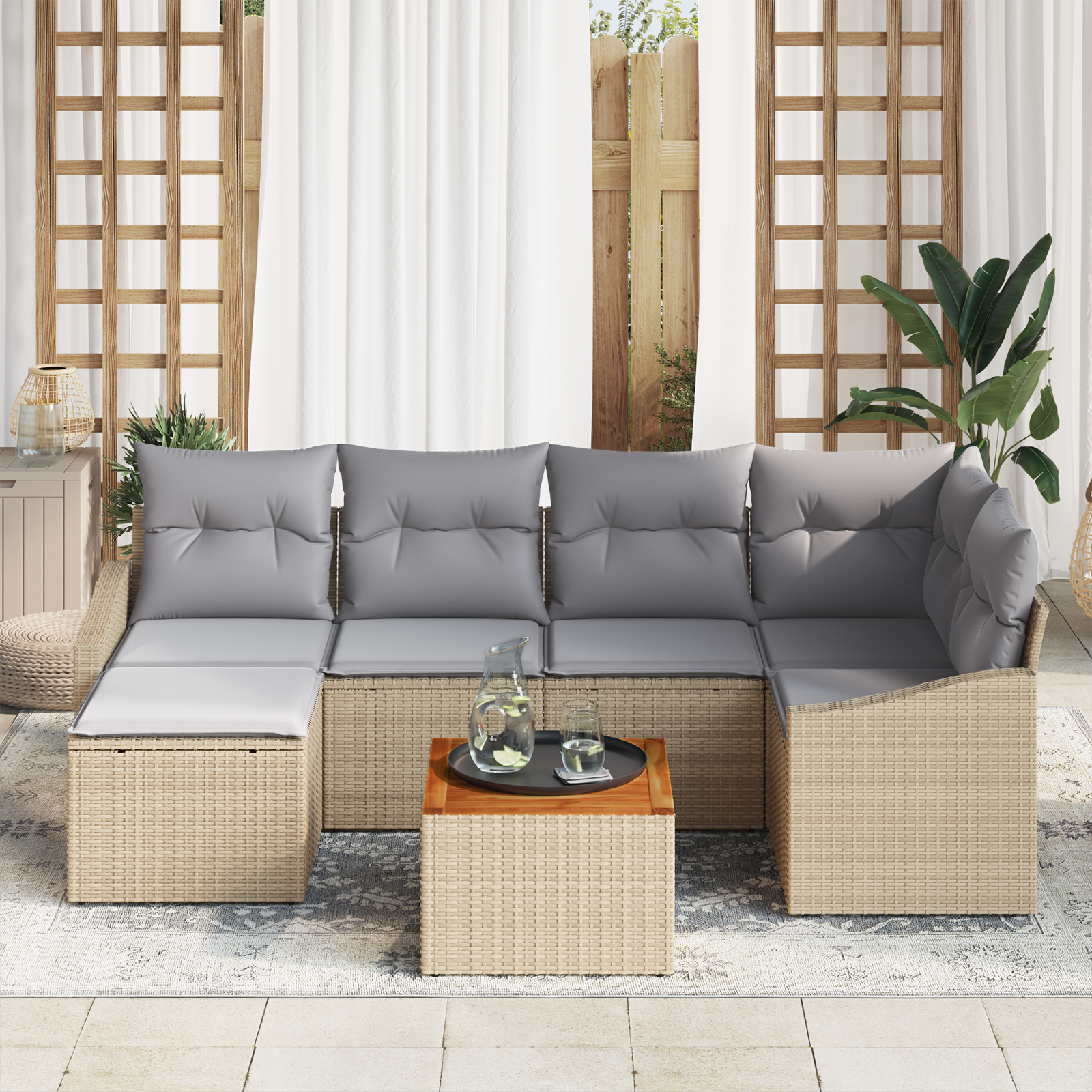 vidaXL 7-delige tuinset met kussens in beige van poly rattan en acacia