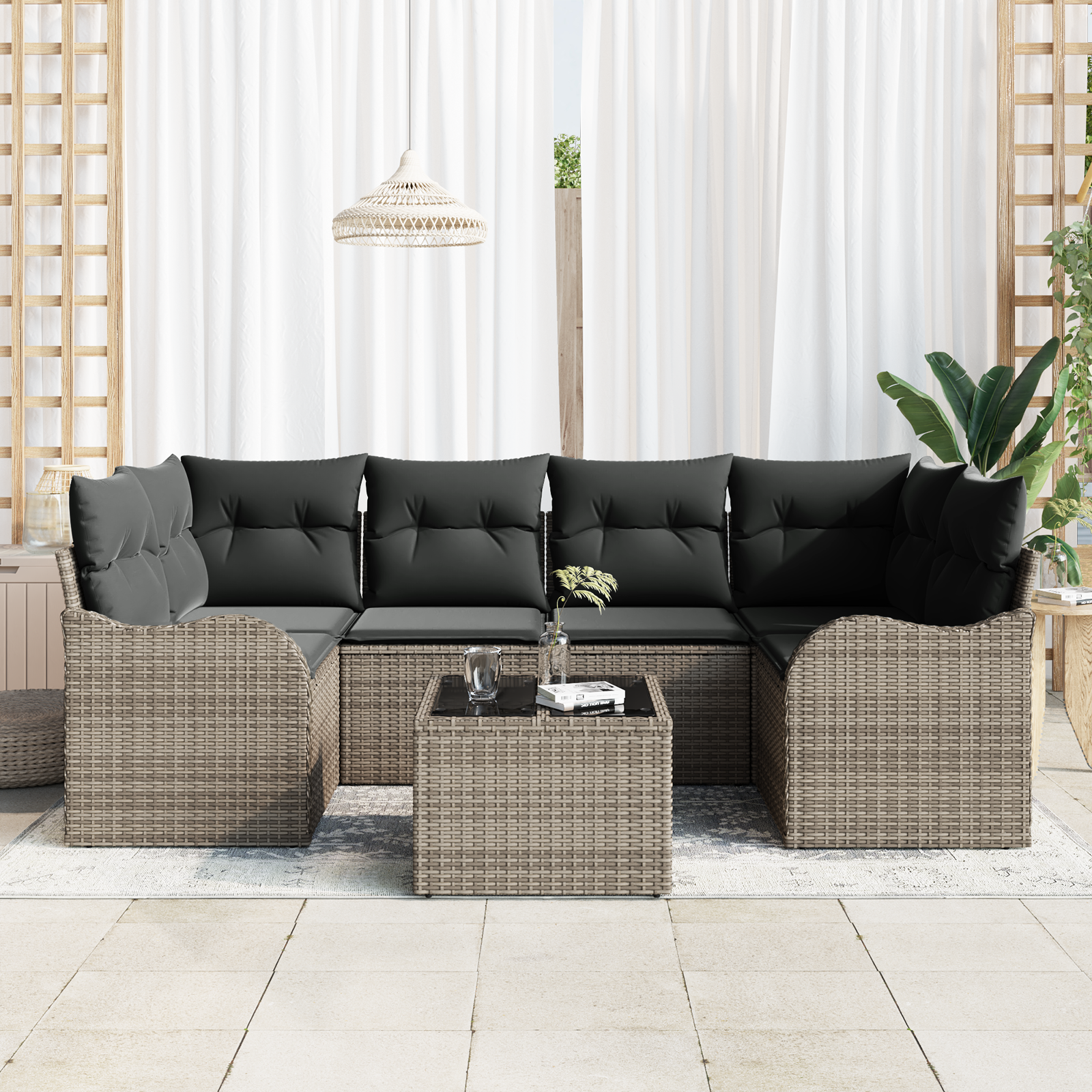vidaXL 7-delige Tuinbankenset met kussens poly rattan grijs