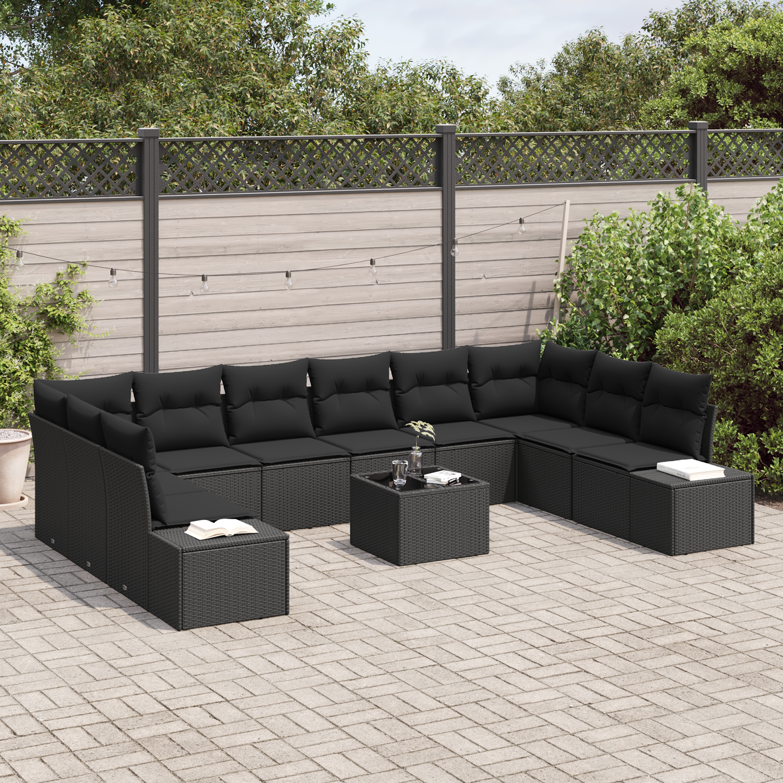 vidaXL 11-delige Tuinbankenset met kussens poly rattan beige
