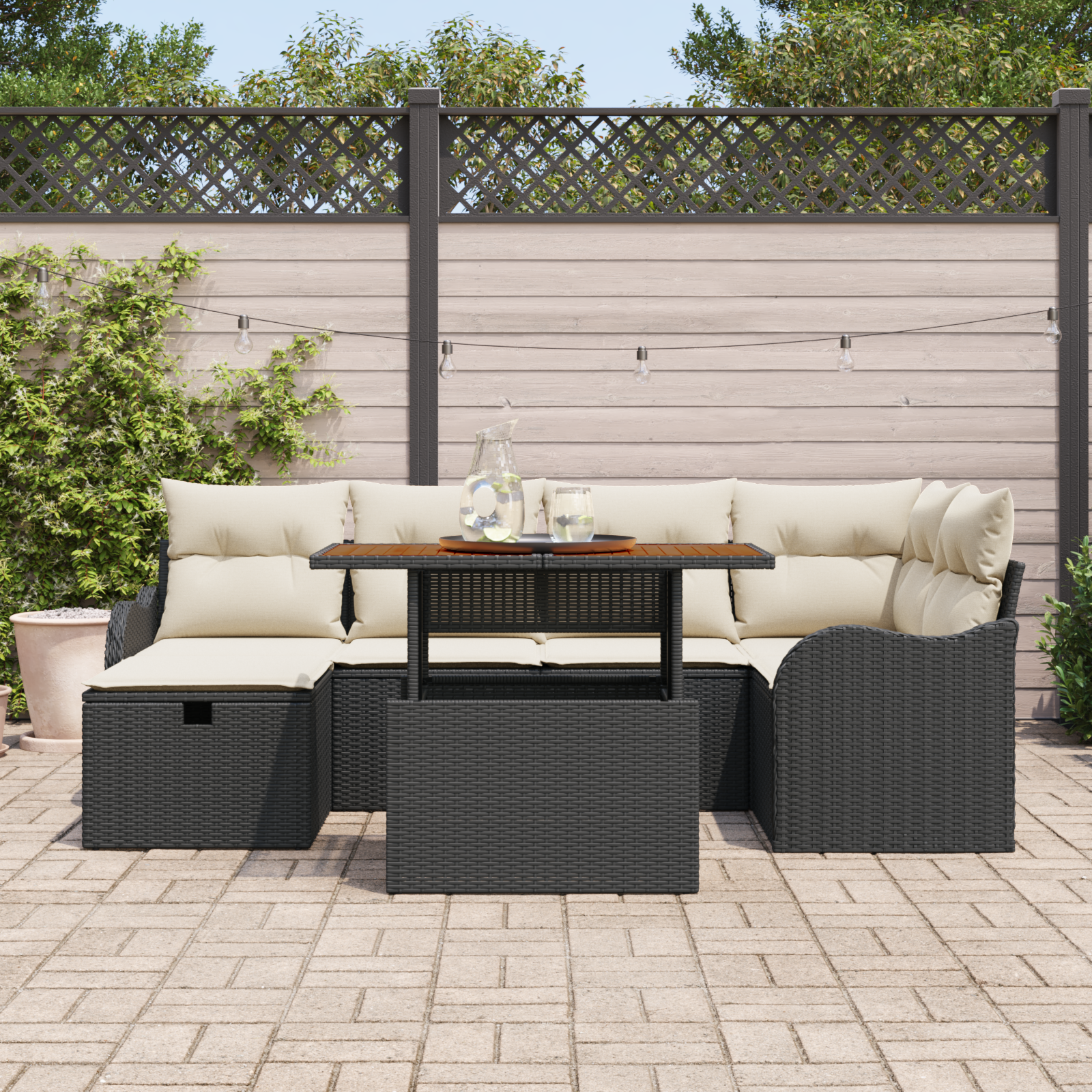 vidaXL 7-delige Tuinbankenset met kussens poly rattan zwart
