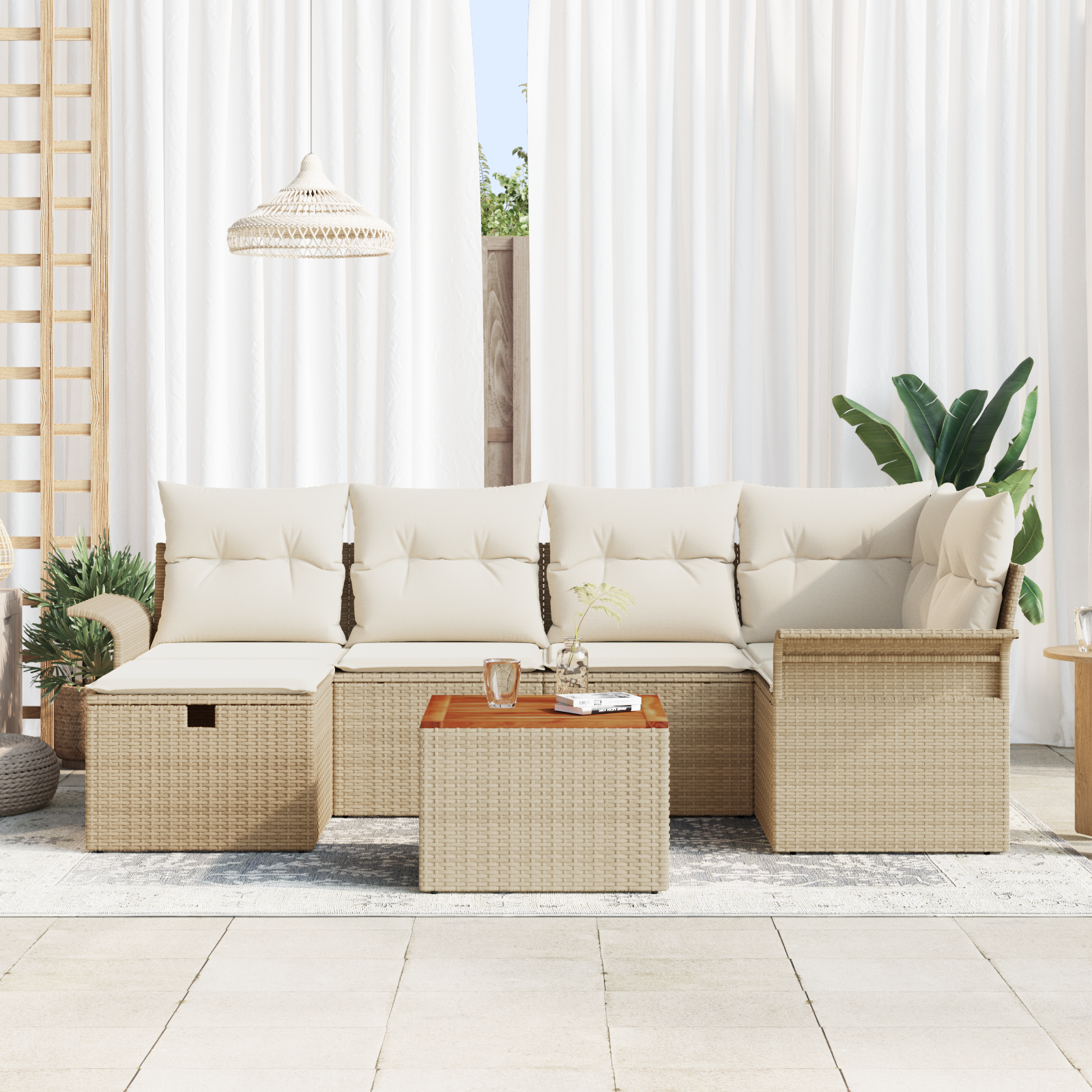 vidaXL 7-delige lounge set met kussens in beige poly rattan
