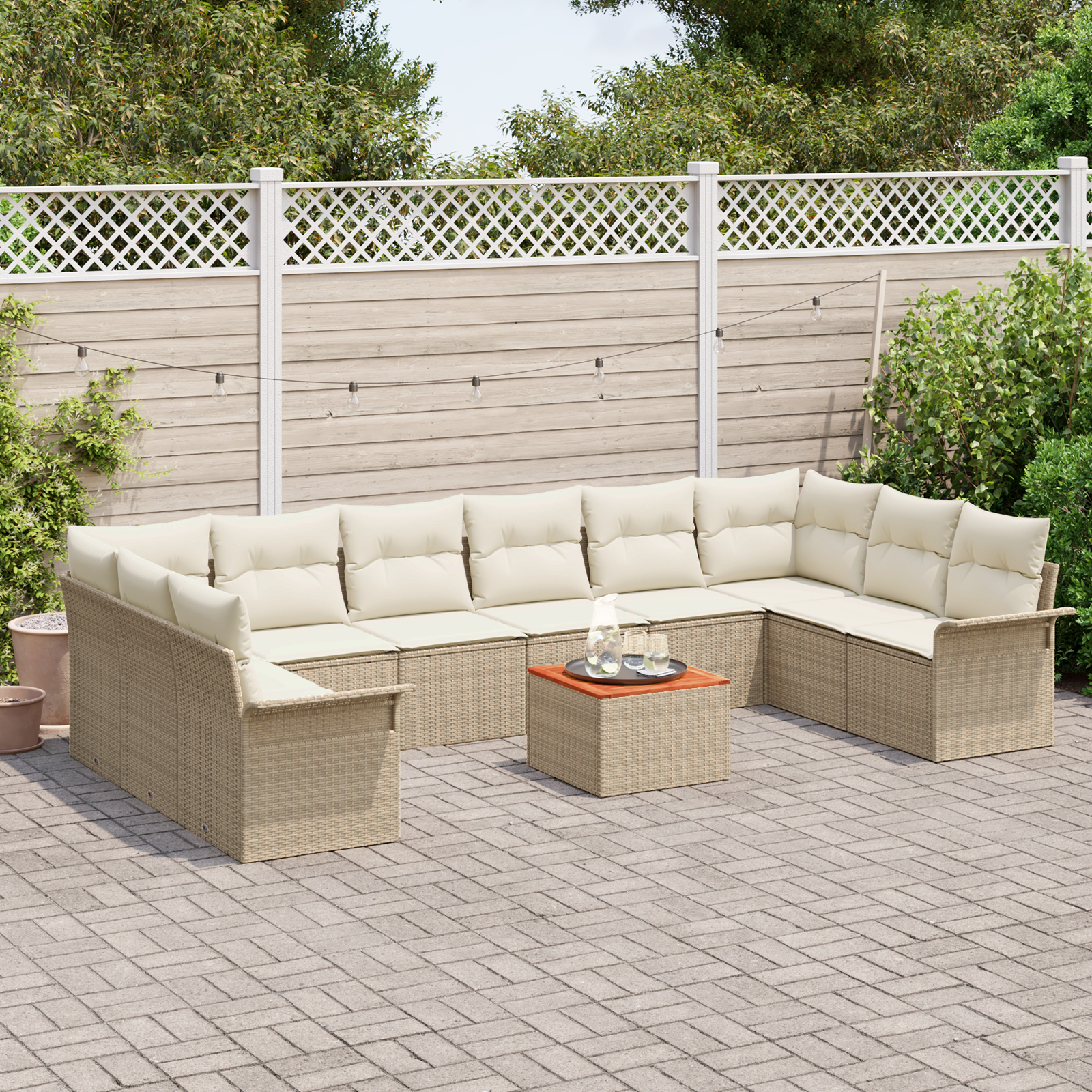 vidaXL 11-delige Tuinbankenset en kussens poly rattan acaciahout beige