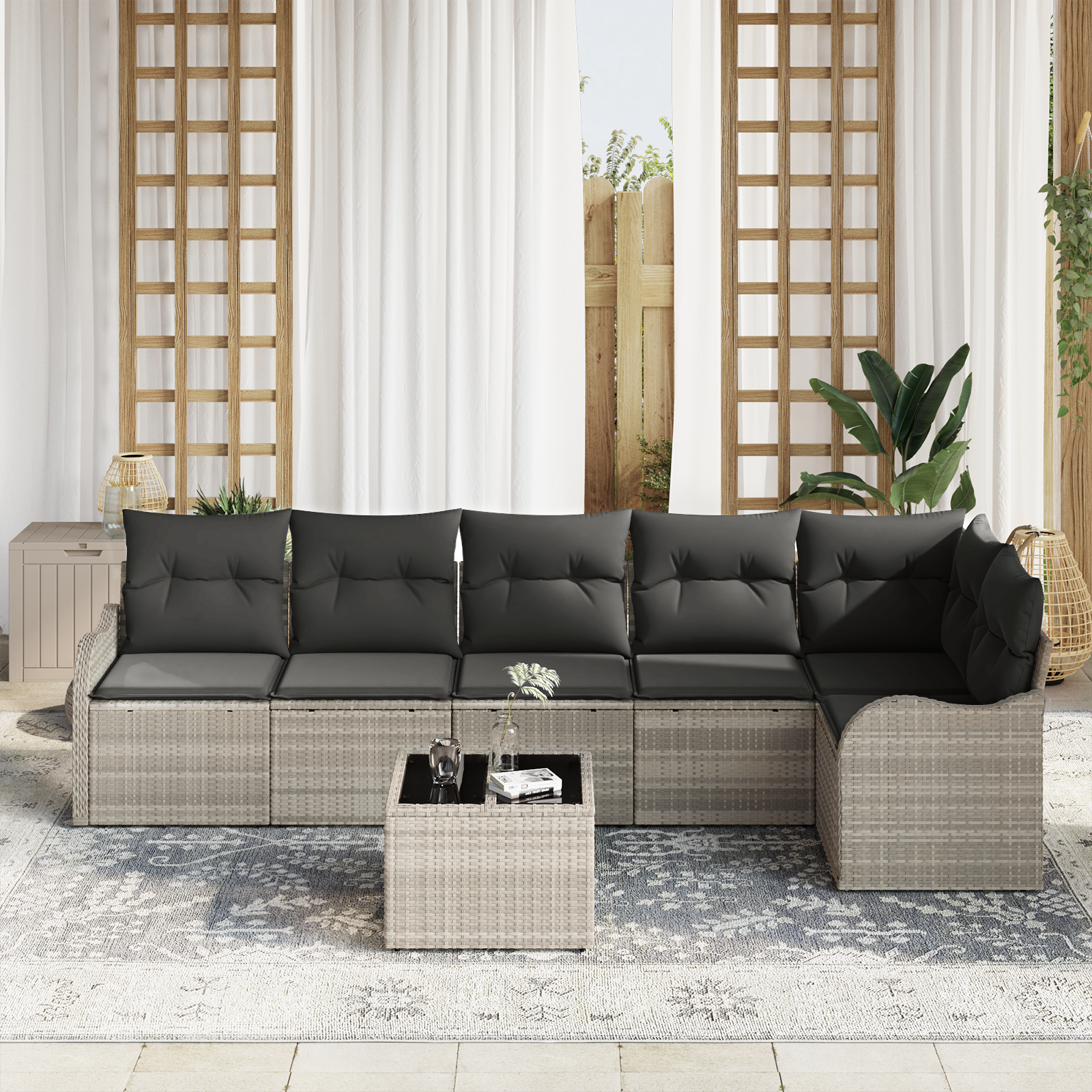 vidaXL 7-delige Tuinbankenset met kussens poly rattan grijs