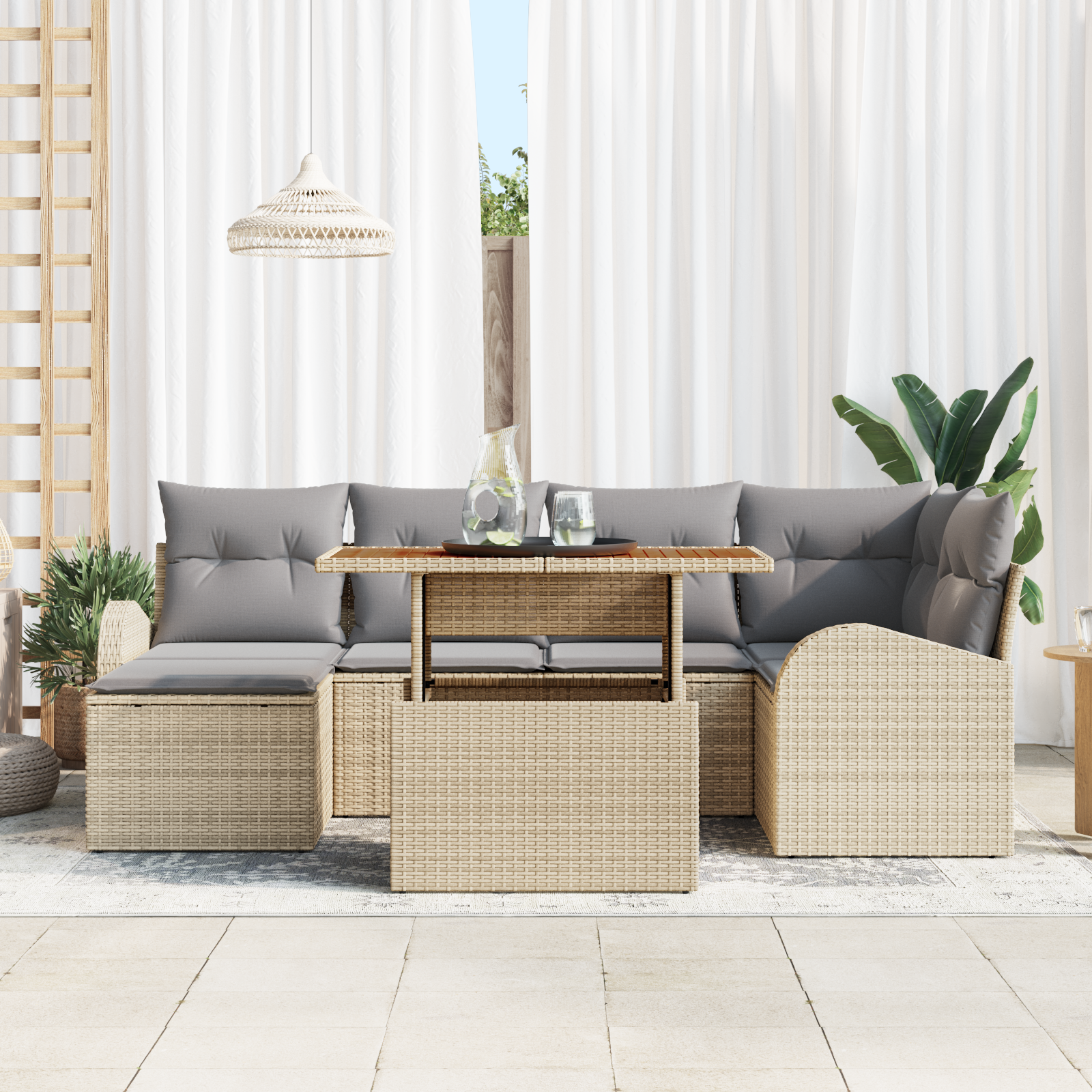 vidaXL 7-delige tuinset met kussens in beige van poly rattan en acacia