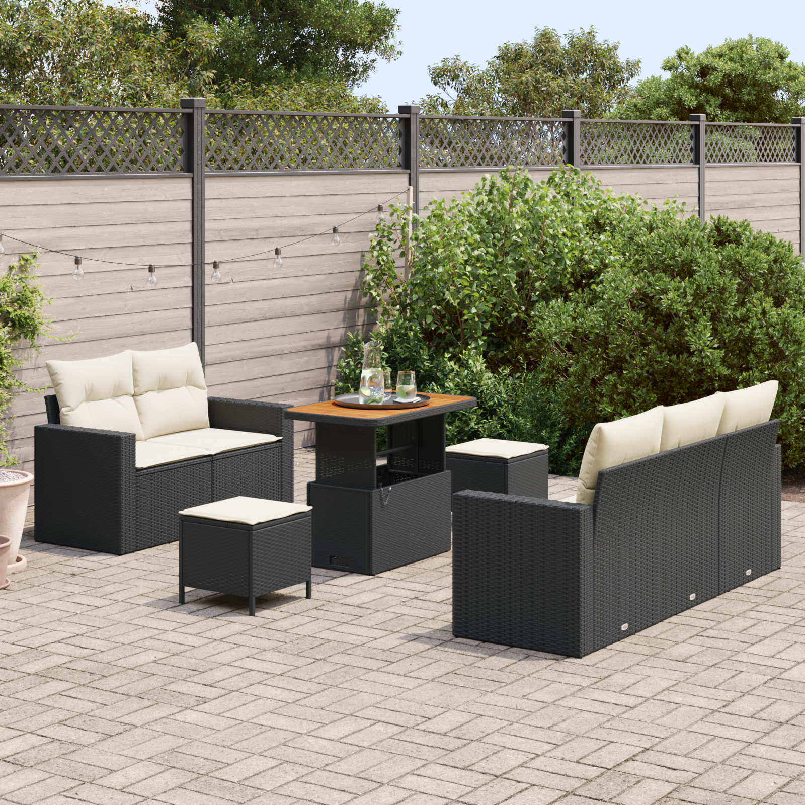 vidaXL 8-delige tuinbankset met kussens, zwart poly rattan en acacia hout