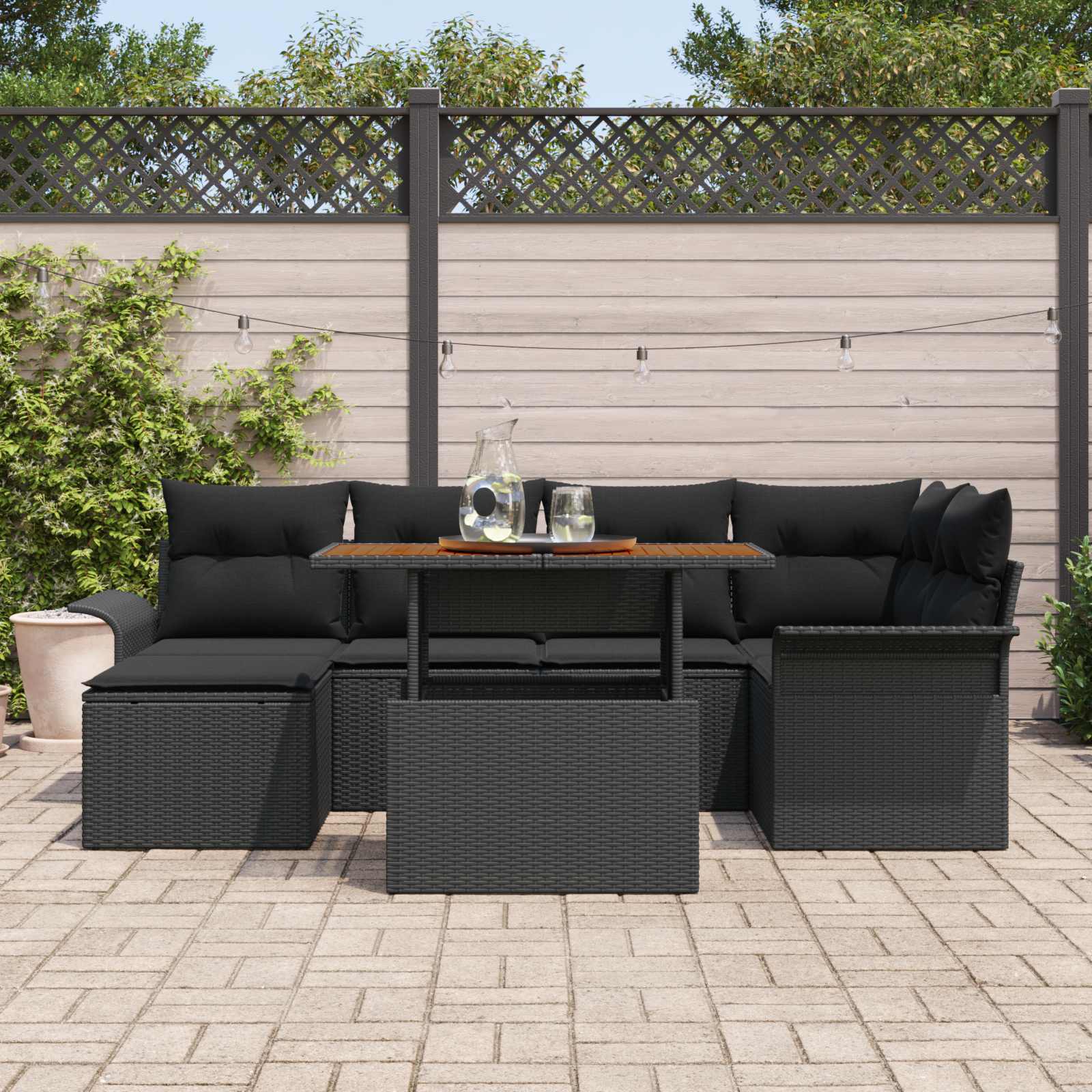 vidaXL 7-delige tuinset met kussens - zwart poly rattan en acacia