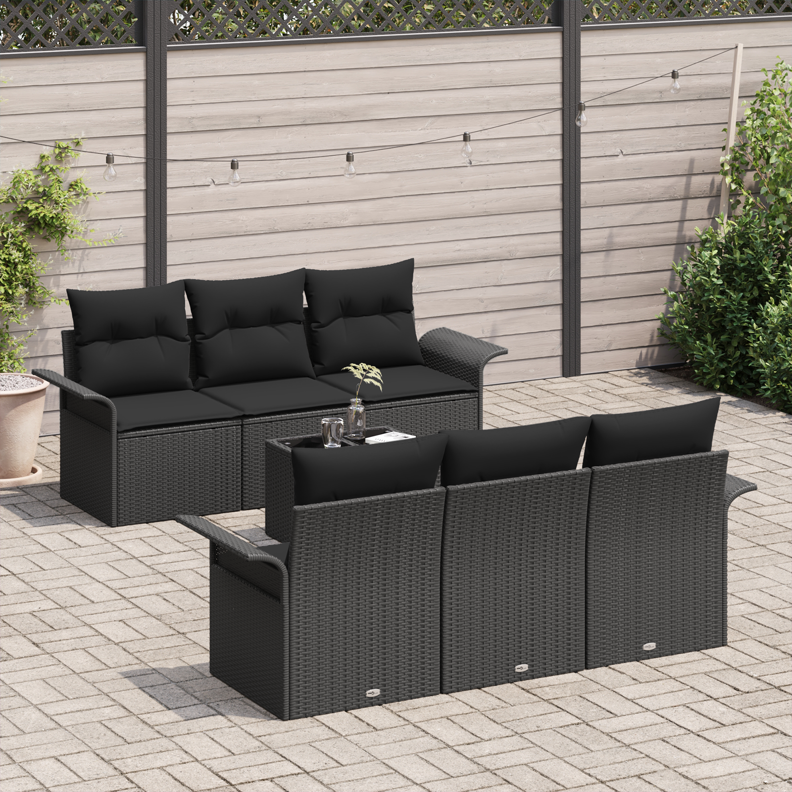 vidaXL 7-delige Tuinbankenset met kussens poly rattan zwart