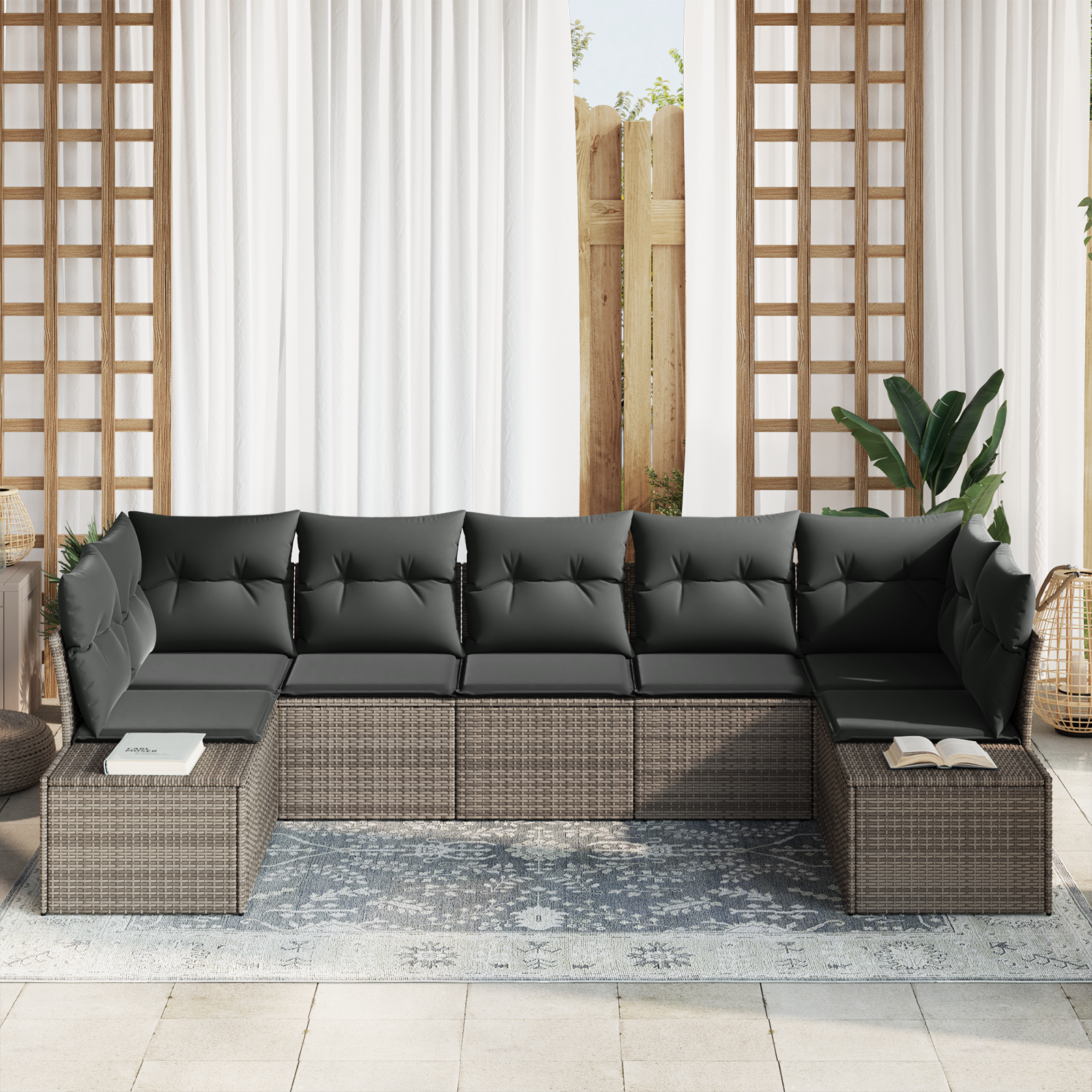 vidaXL 7-delige tuinset met kussens grijs poly rattan