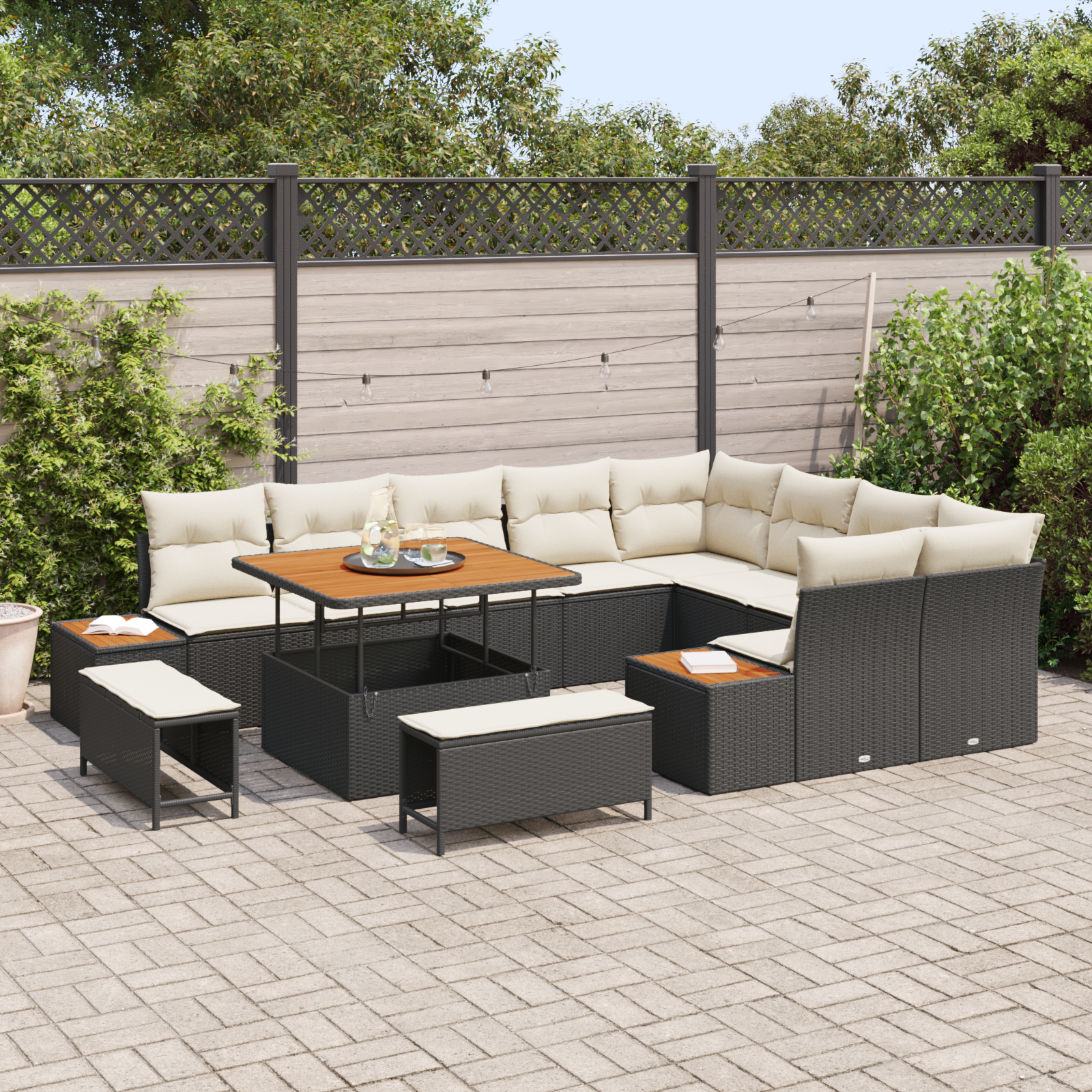 vidaXL 12-delige tuinset met kussens zwart poly rattan acacia