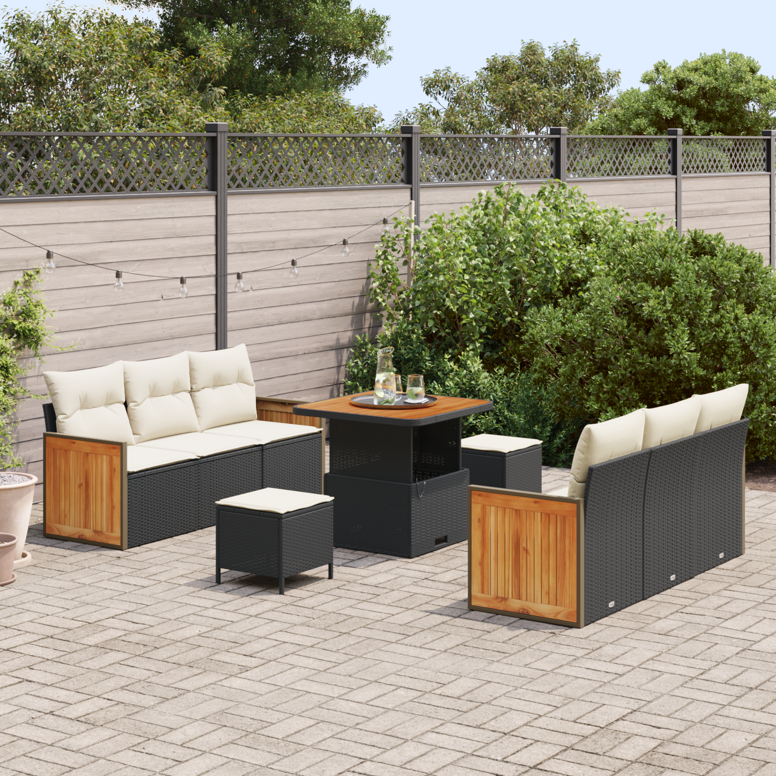 vidaXL 9-delige Tuinbankenset met kussens poly rattan acacia zwart