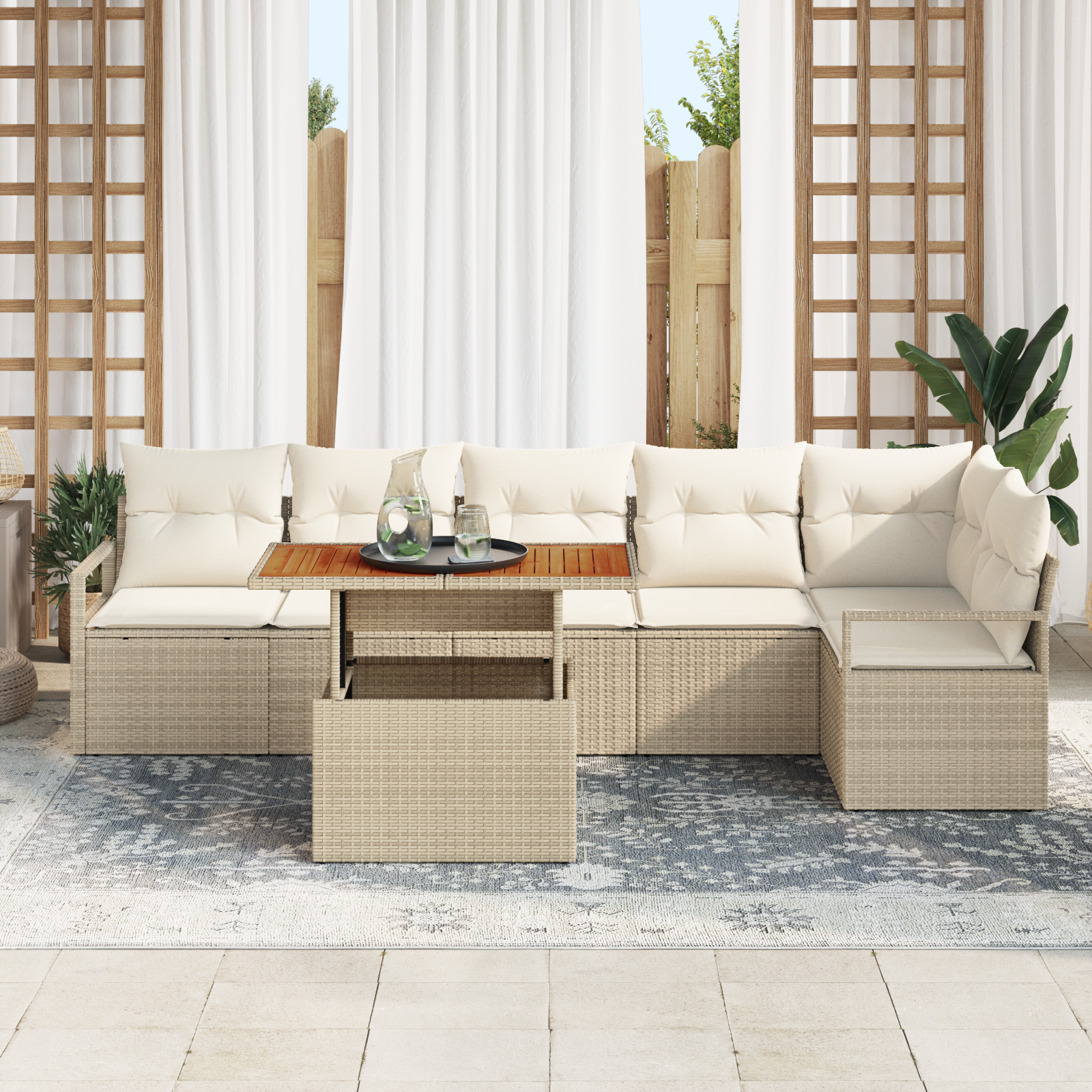 vidaXL 7-delige Tuin Sofa Set met Kussens Beige Poly Riet Acacia