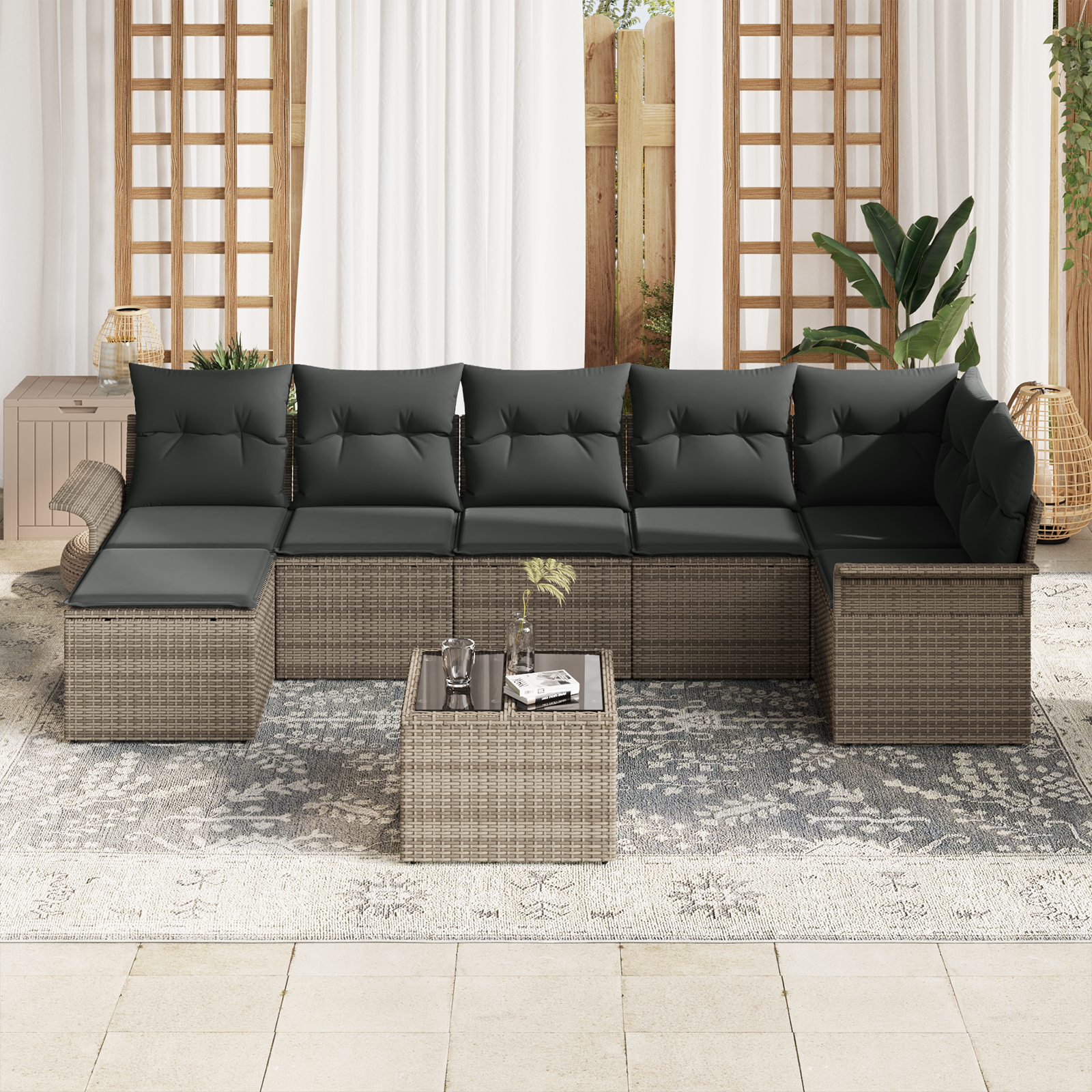 vidaXL 7-delige Tuinbankenset met kussens poly rattan zwart
