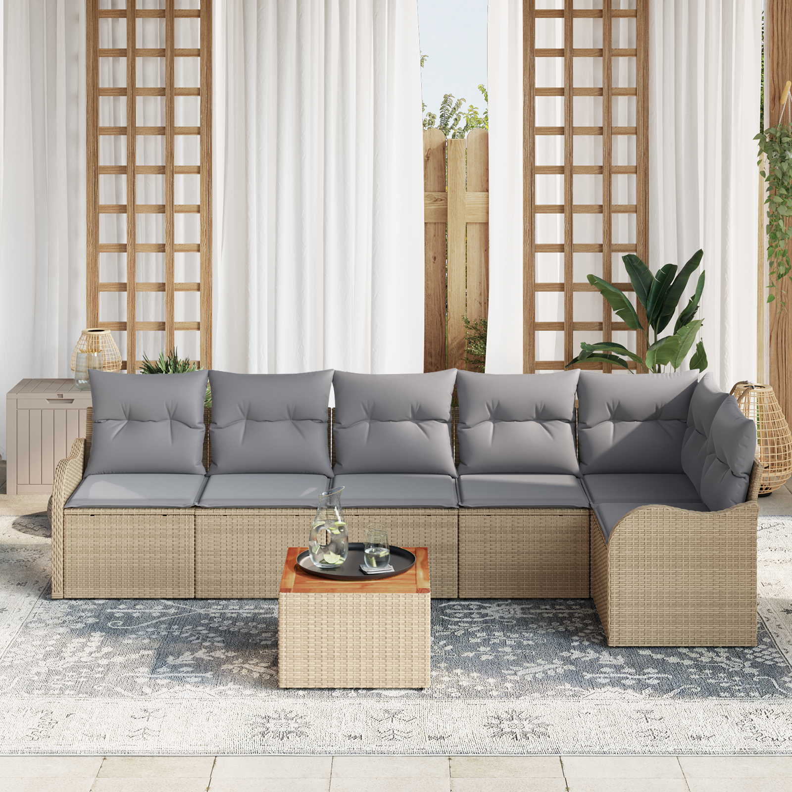 vidaXL 7-delige Ligbedset met Kussens Beige Poly Rattan Acacia