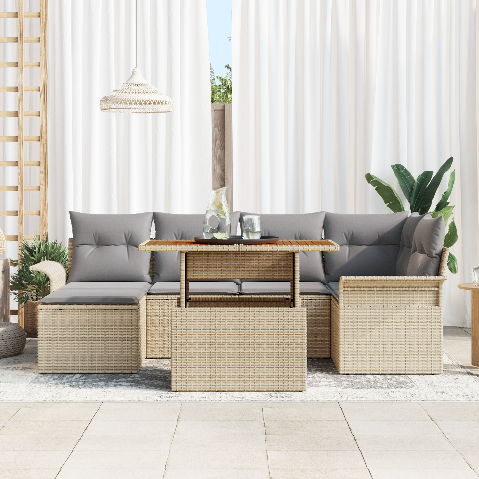 vidaXL 7-delige Eetset voor in de tuin met kussens - Beige Poly Rattan en Acacia