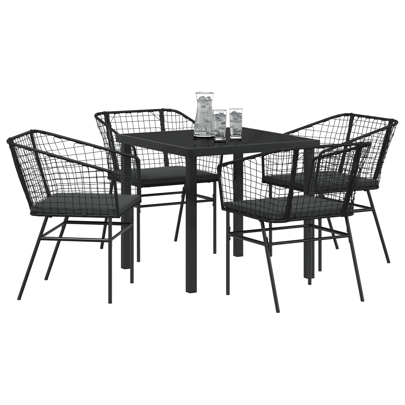vidaXL 5-delige Eetset voor buiten met kussens - zwart poly rattan