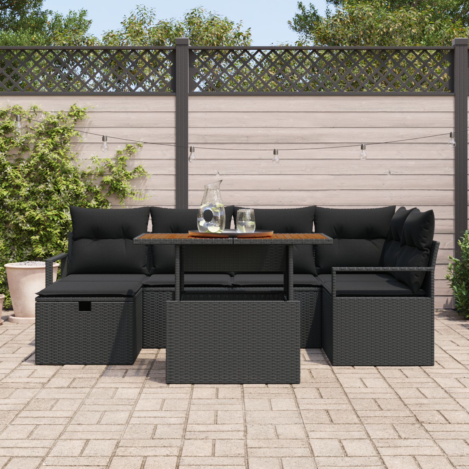 vidaXL 7-Delige Tuinset met Kussens - Zwart Poly Rattan
