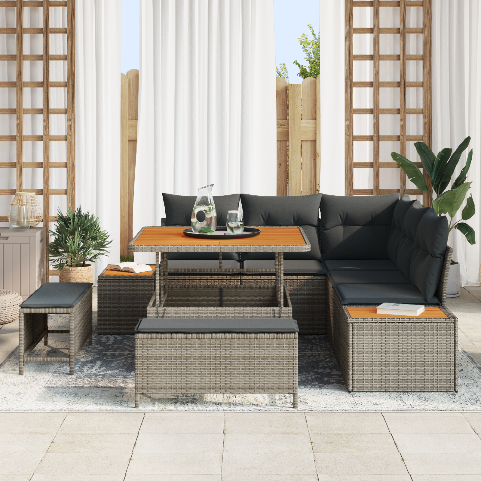 vidaXL 8-delige Tuinbankenset met kussens poly rattan acacia grijs