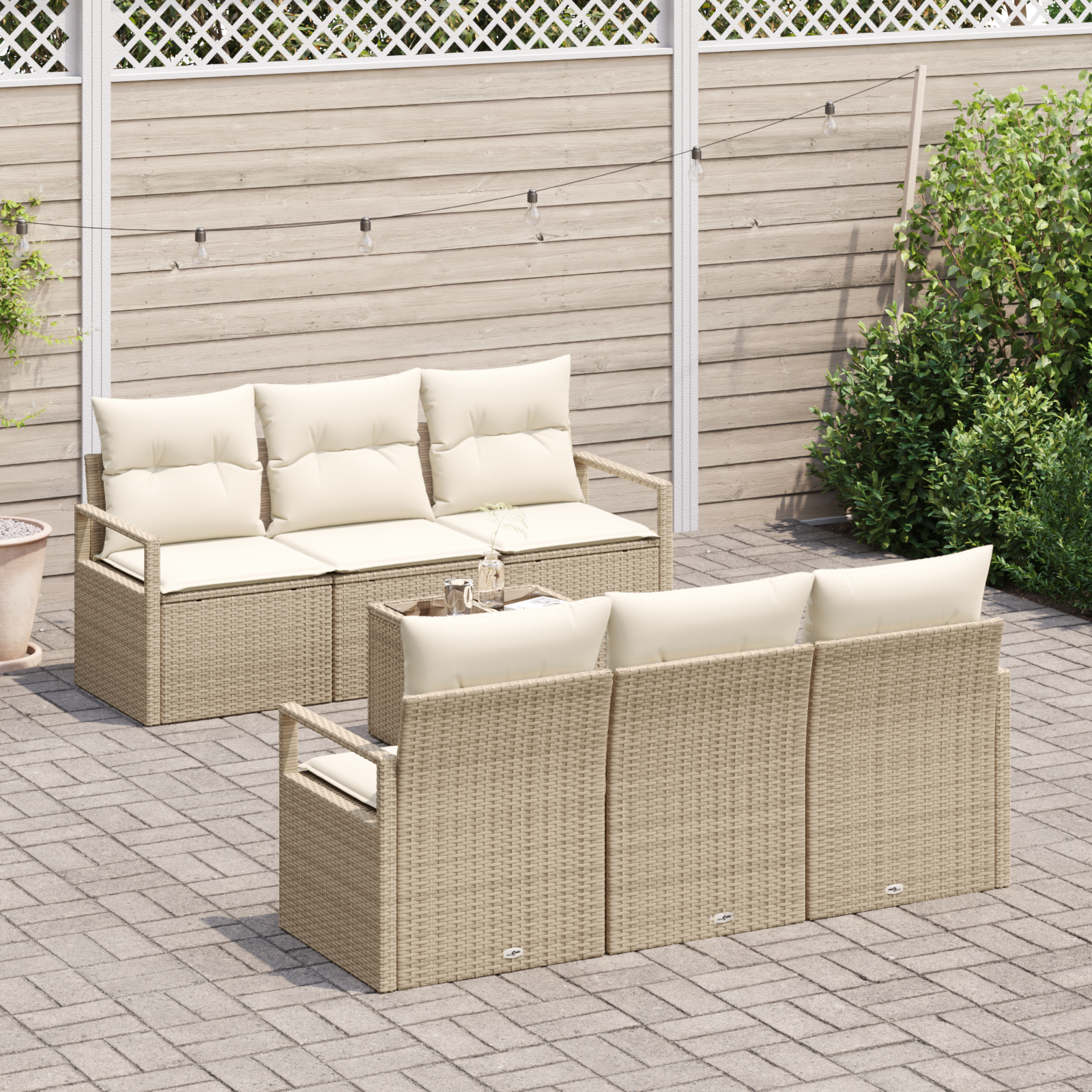 vidaXL 7-delige Tuinbankenset met kussens poly rattan beige