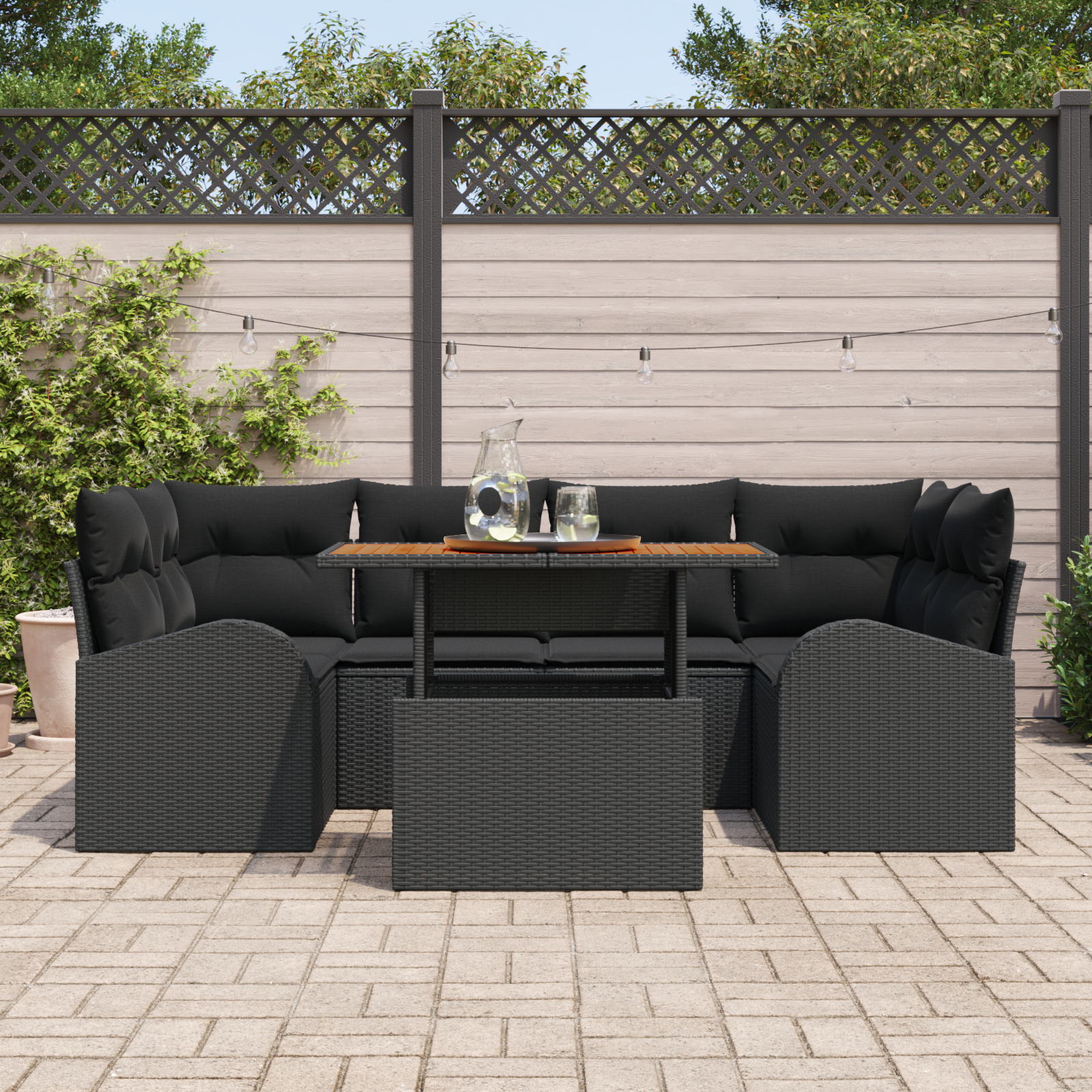 vidaXL 7-delige Tuinset met kussens poly rattan acaciahout zwart