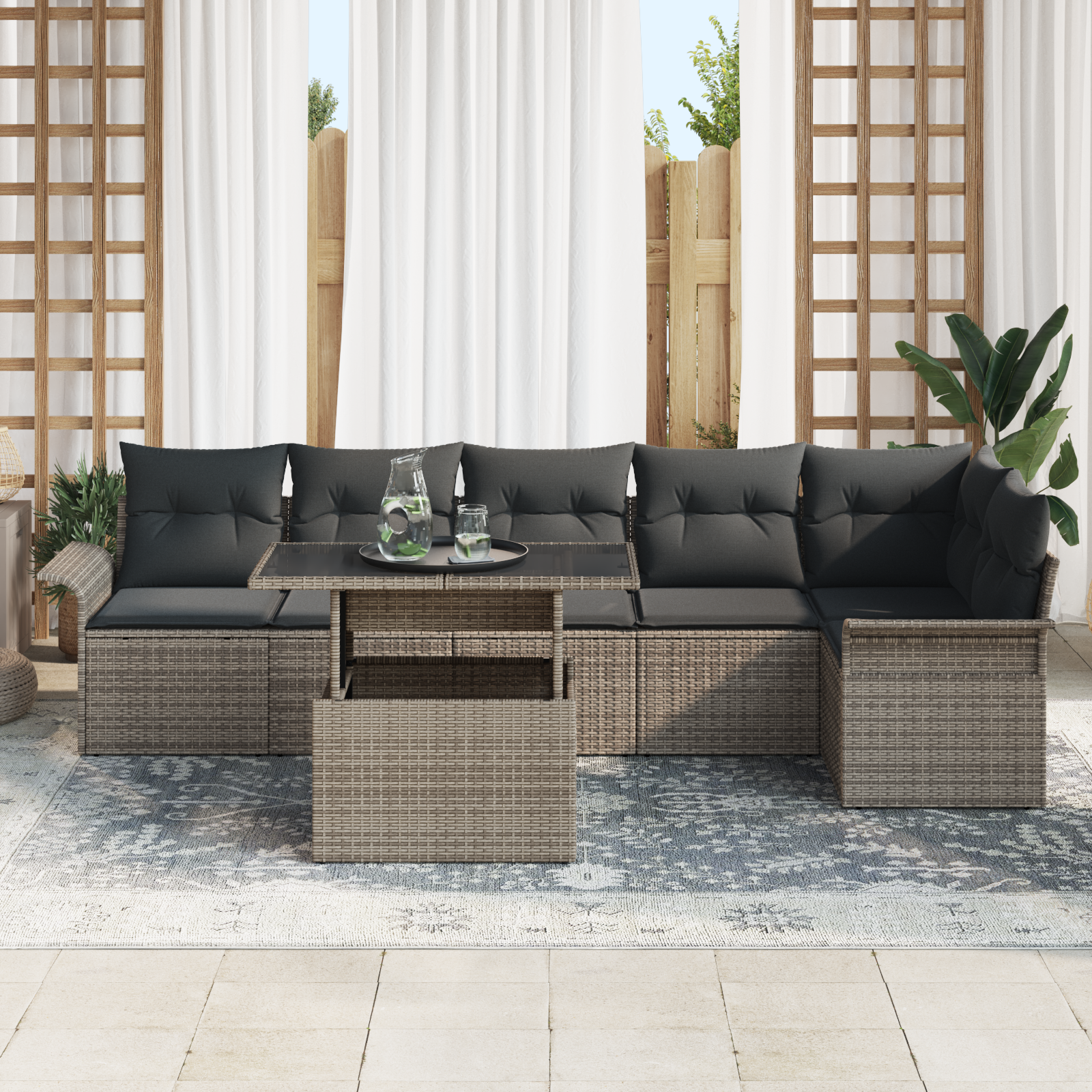 vidaXL 7-delige Tuinbankenset met kussens poly rattan grijs