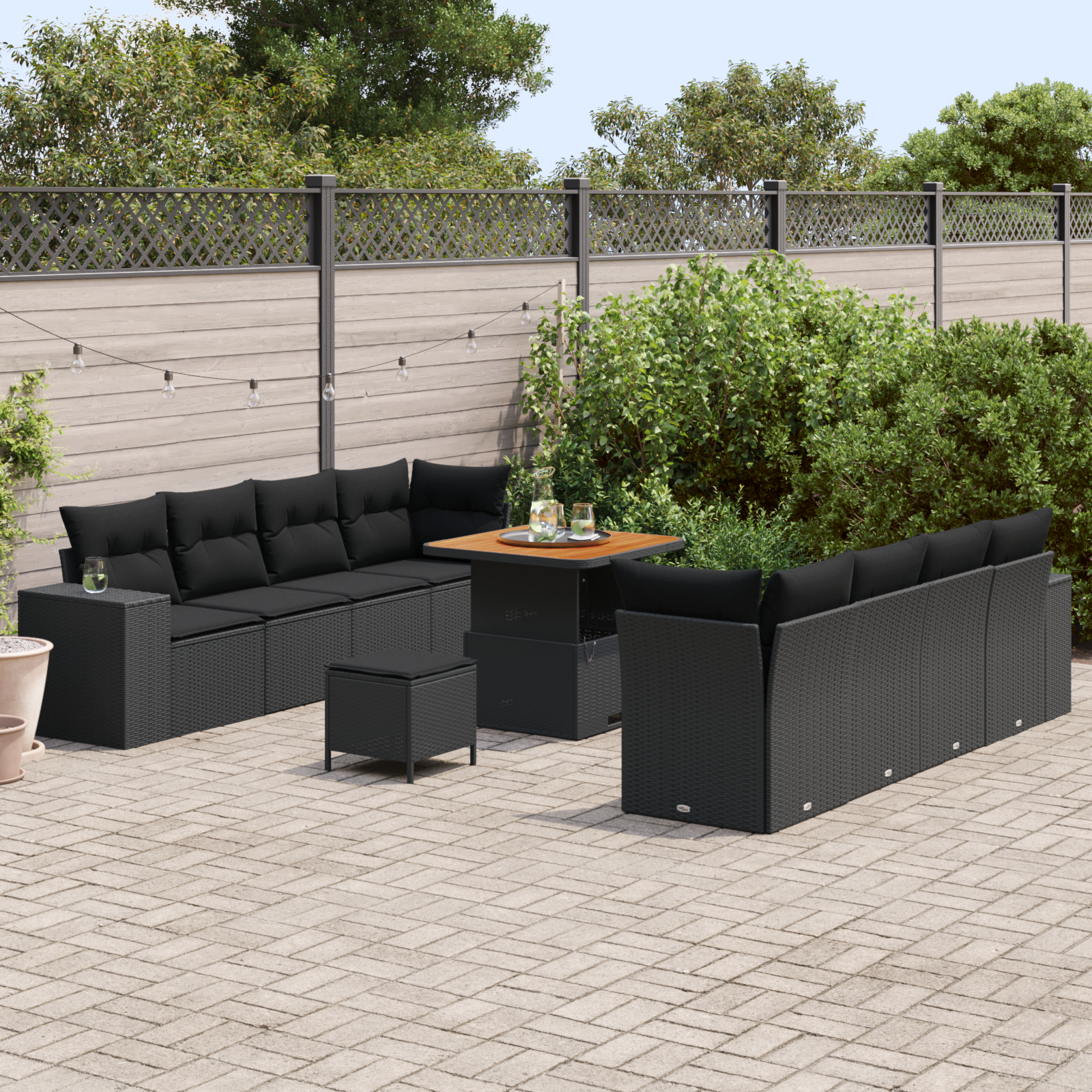 vidaXL 11-delige tuinsofa set met kussens zwart poly riet acacia