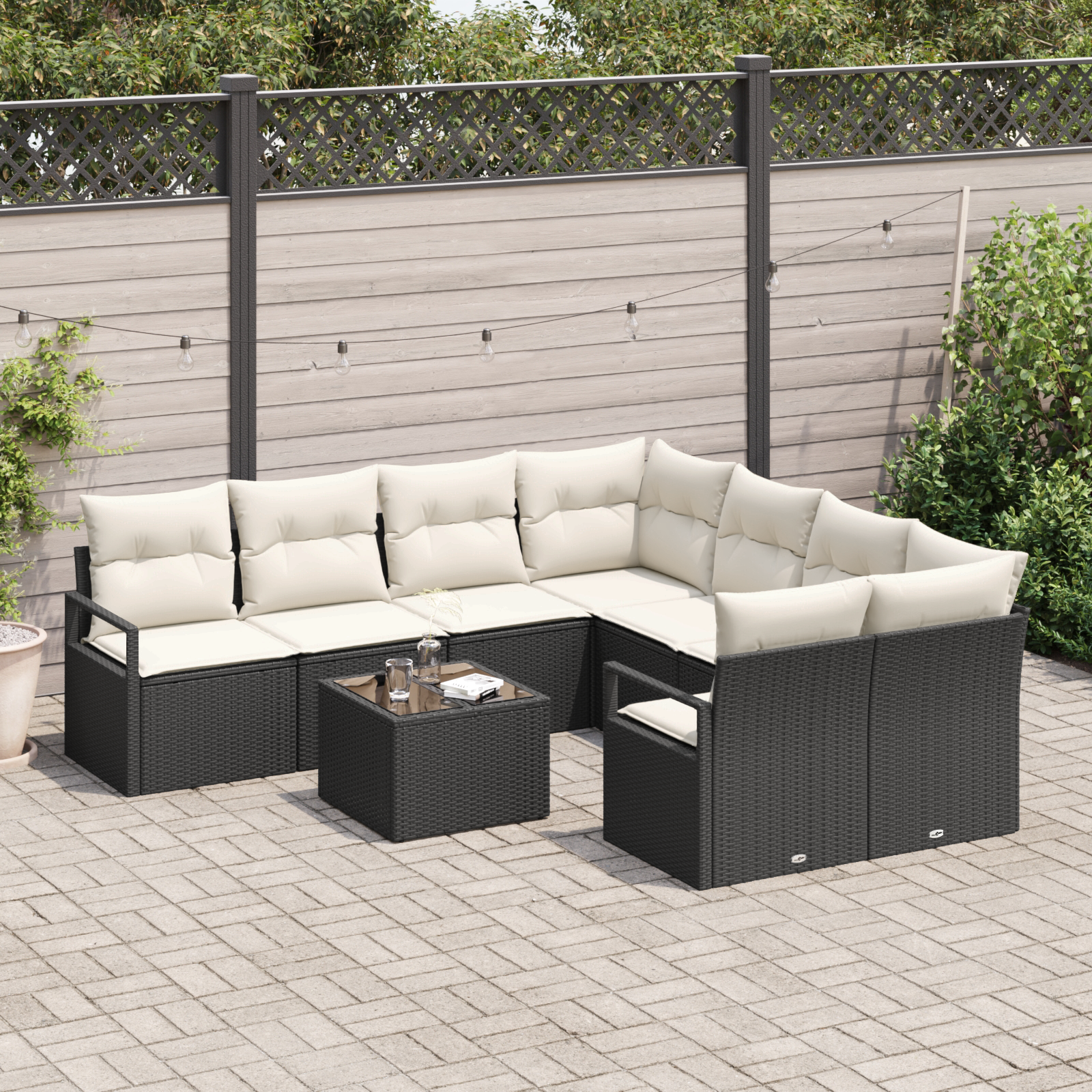 vidaXL 9-delige Tuinbankenset met kussens poly rattan zwart