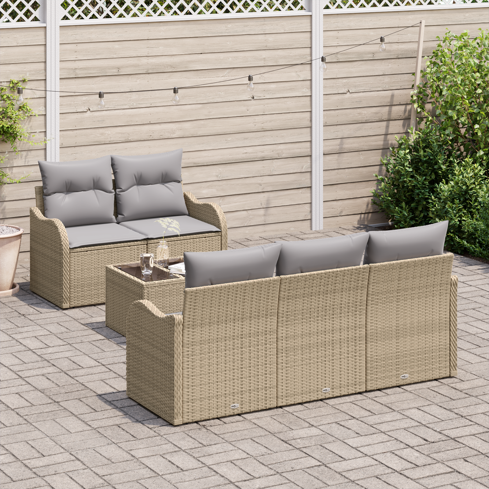 vidaXL 6-delige tuinset met kussens in beige poly rattan