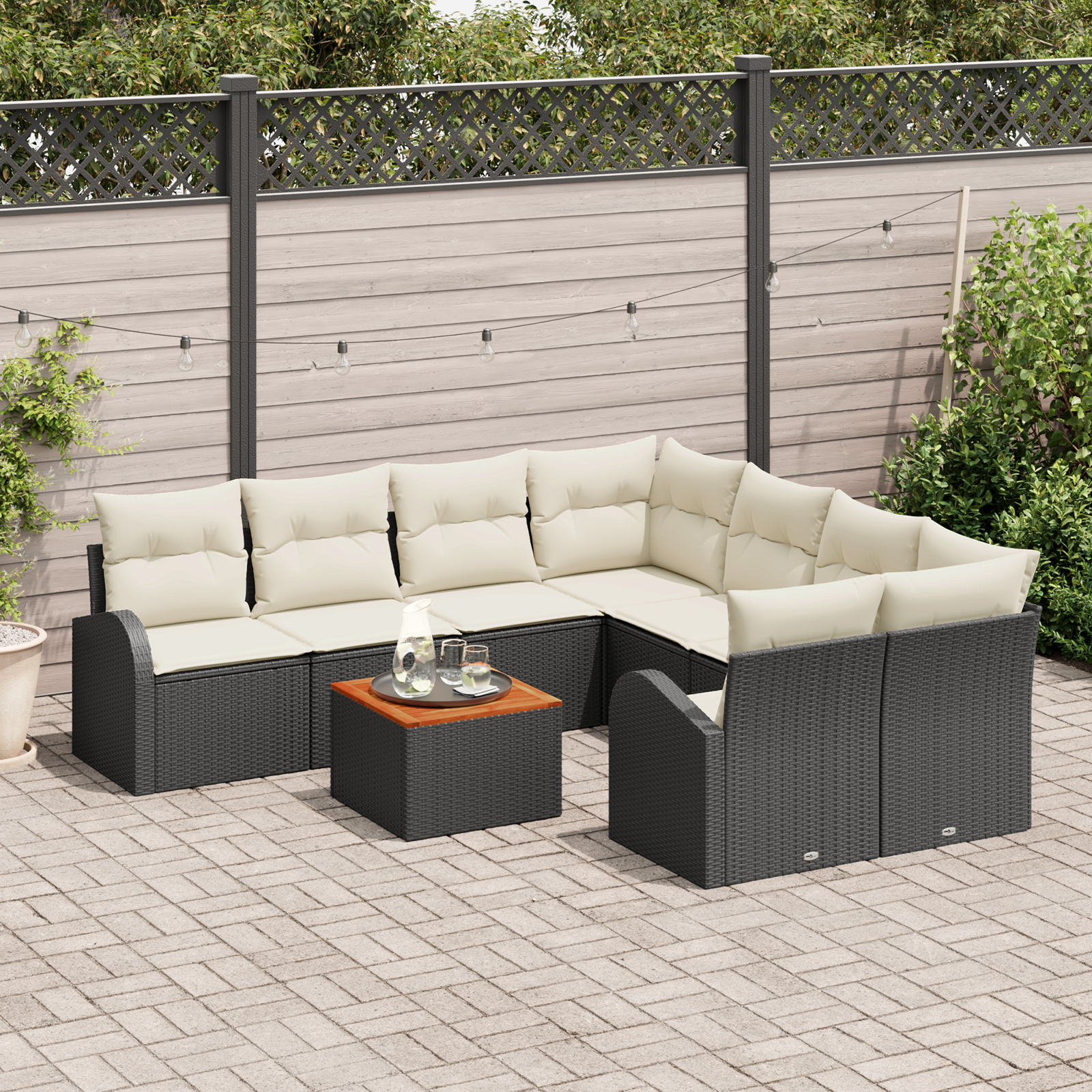 vidaXL 9-delige tuinset met kussens in zwart poly rattan en acaciahout