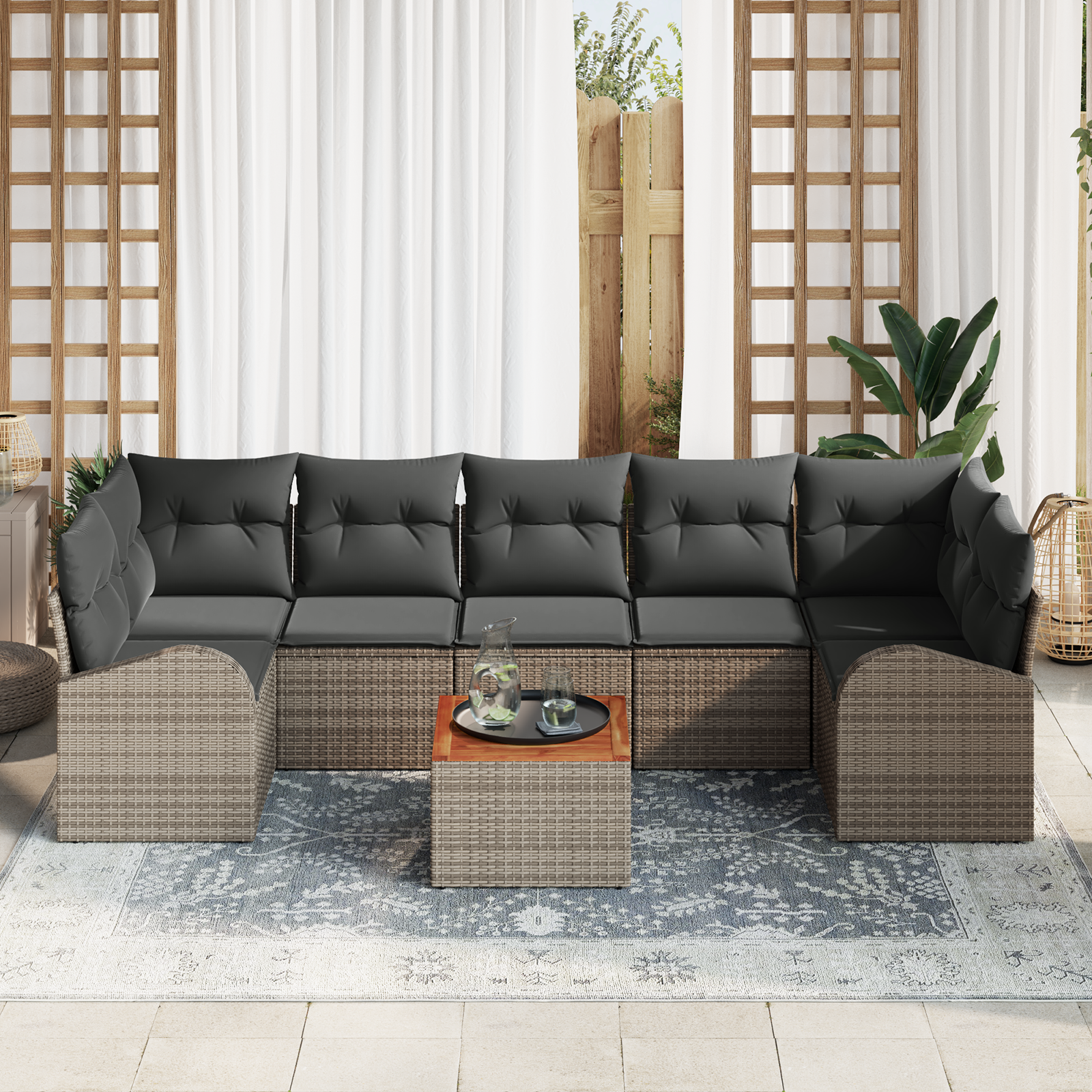 vidaXL 8-delige Tuinbankenset met kussens poly rattan acacia grijs