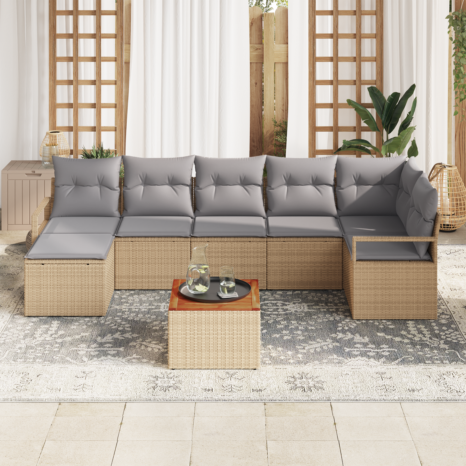 vidaXL 8-delige Tuinbankenset met kussens poly rattan acacia beige