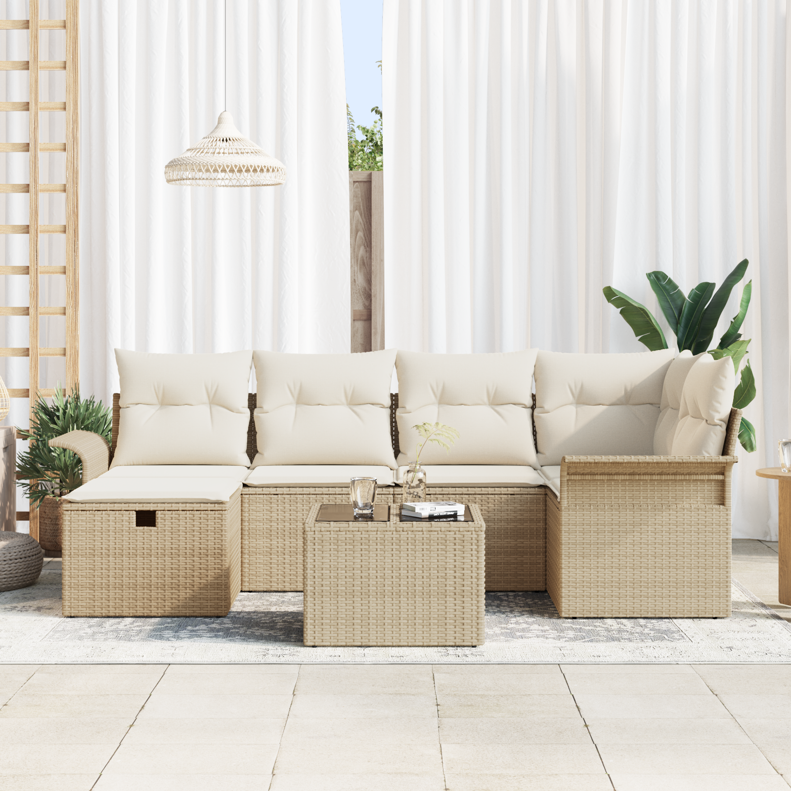 vidaXL 7-delige tuinset met kussens in beige poly rattan