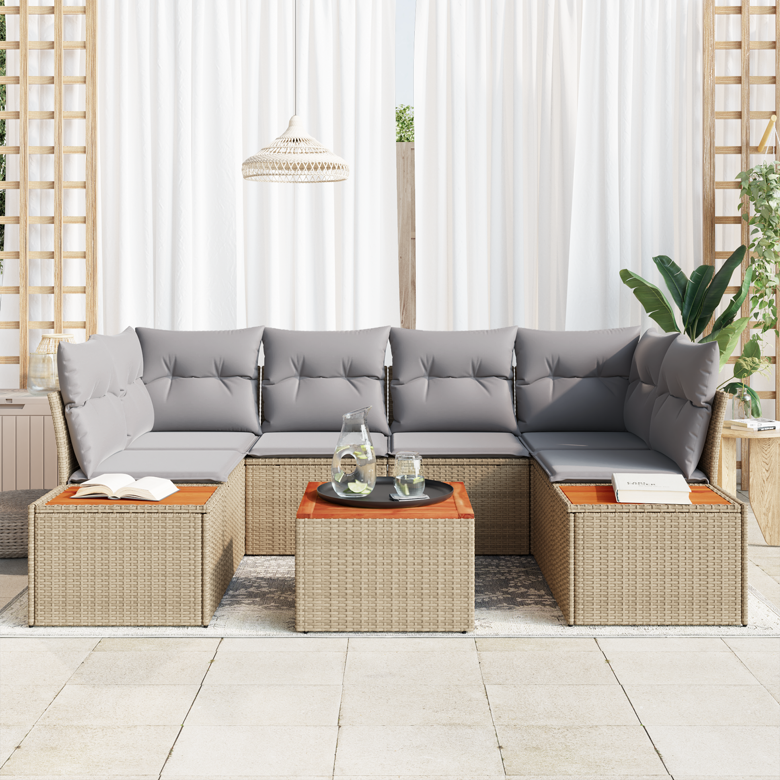 vidaXL 7-delige tuinset met kussens - Beige Poly Rattan en Acacia