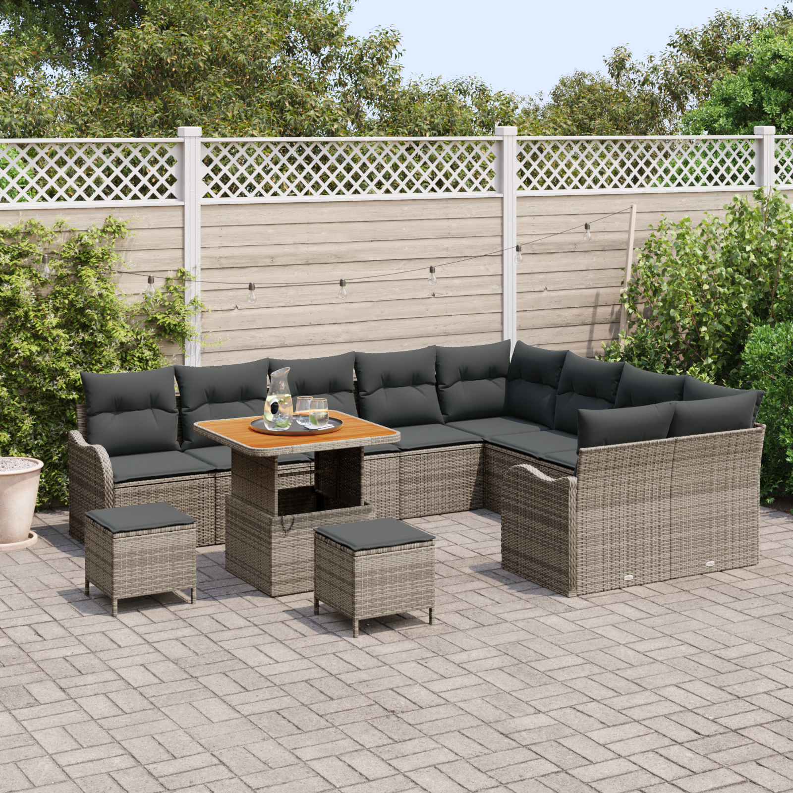 vidaXL 12-delige Tuinbankenset met kussens poly rattan acacia grijs