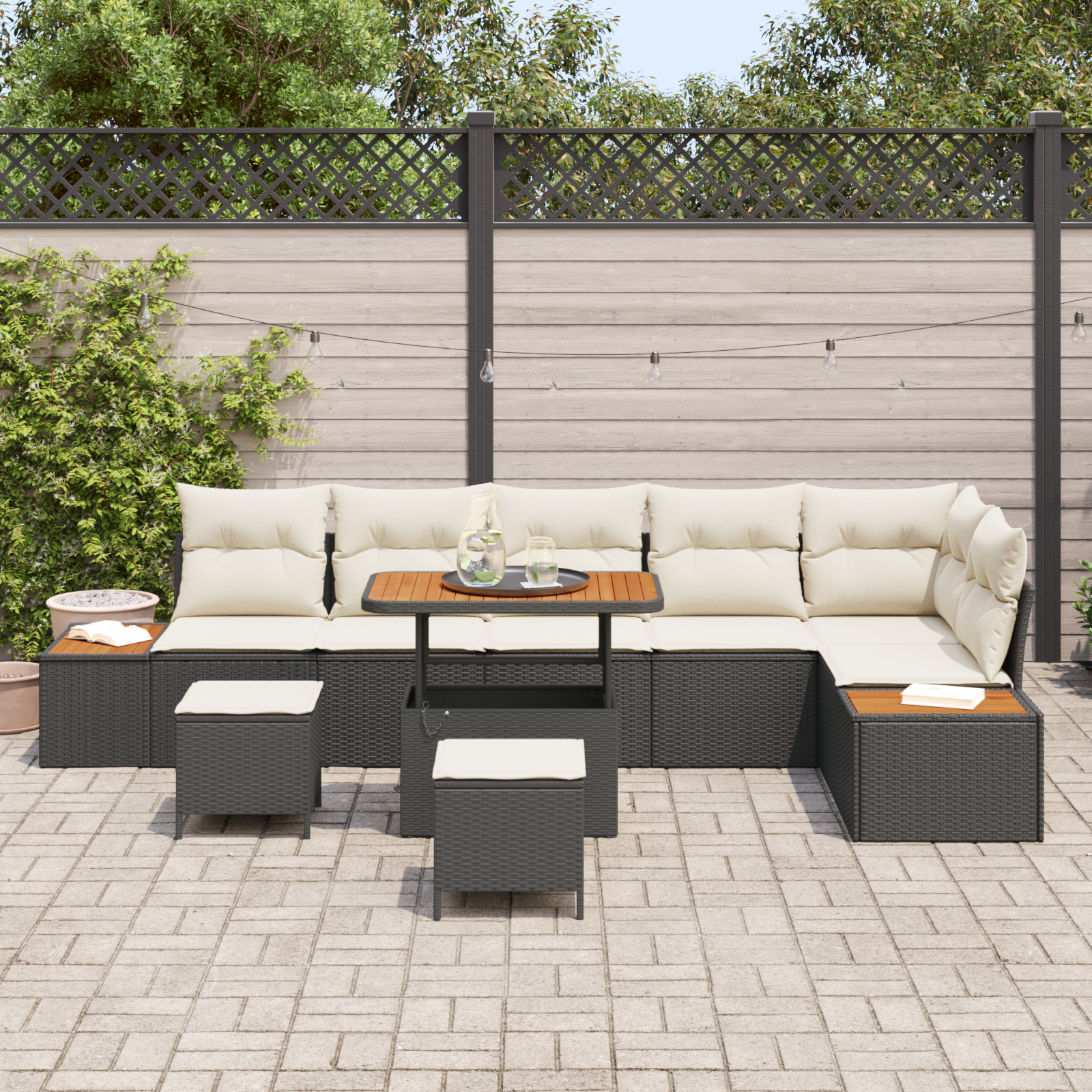vidaXL 9-delige Tuinbankenset met kussens poly rattan acacia zwart