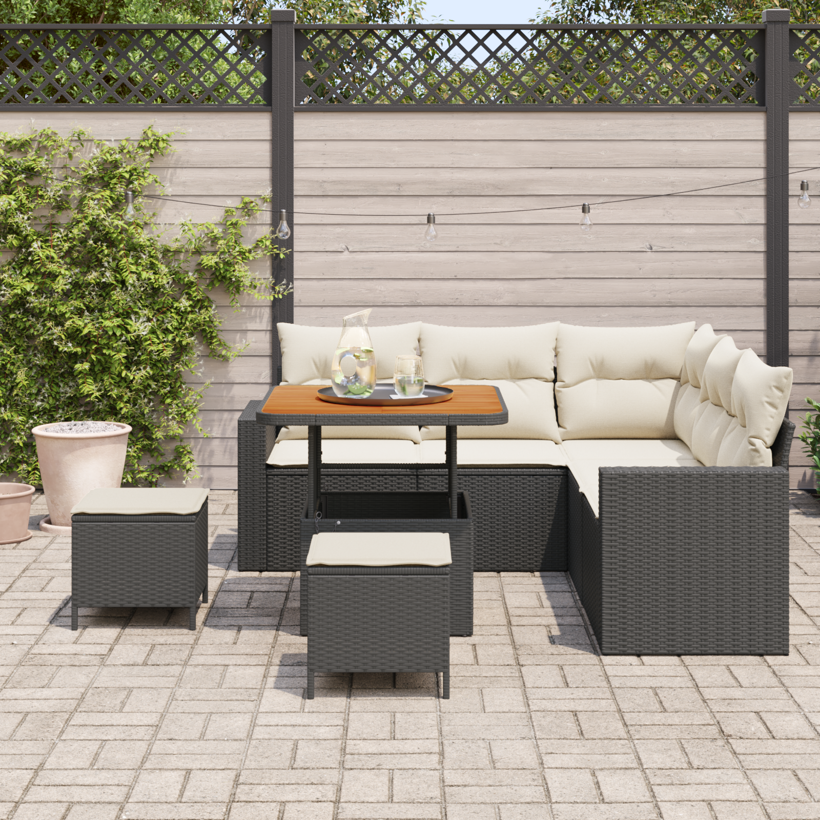 vidaXL 8-delige tuinbankset met kussens zwart poly rattan acacia