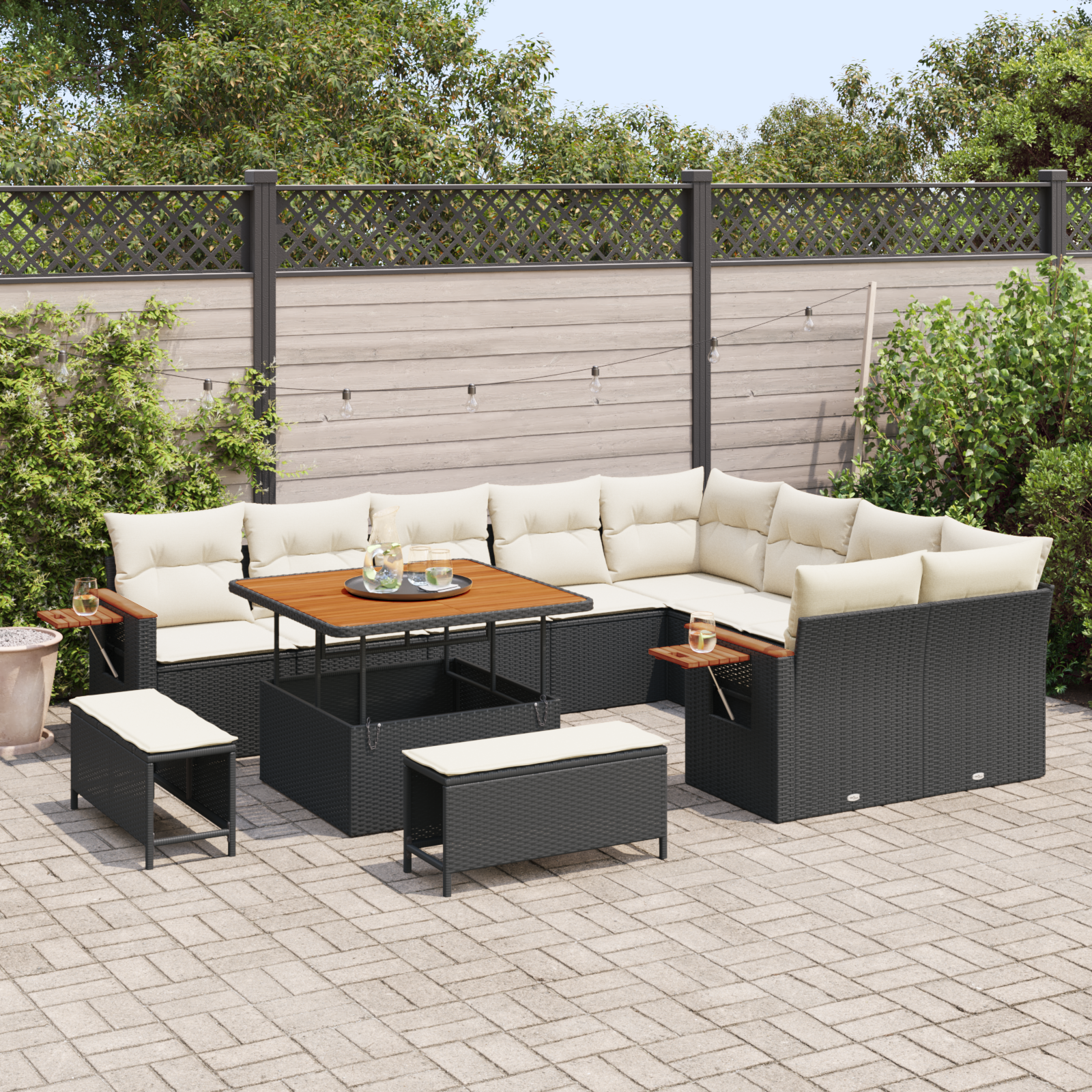 vidaXL 12-delige Tuinbankenset met kussens poly rattan acacia zwart