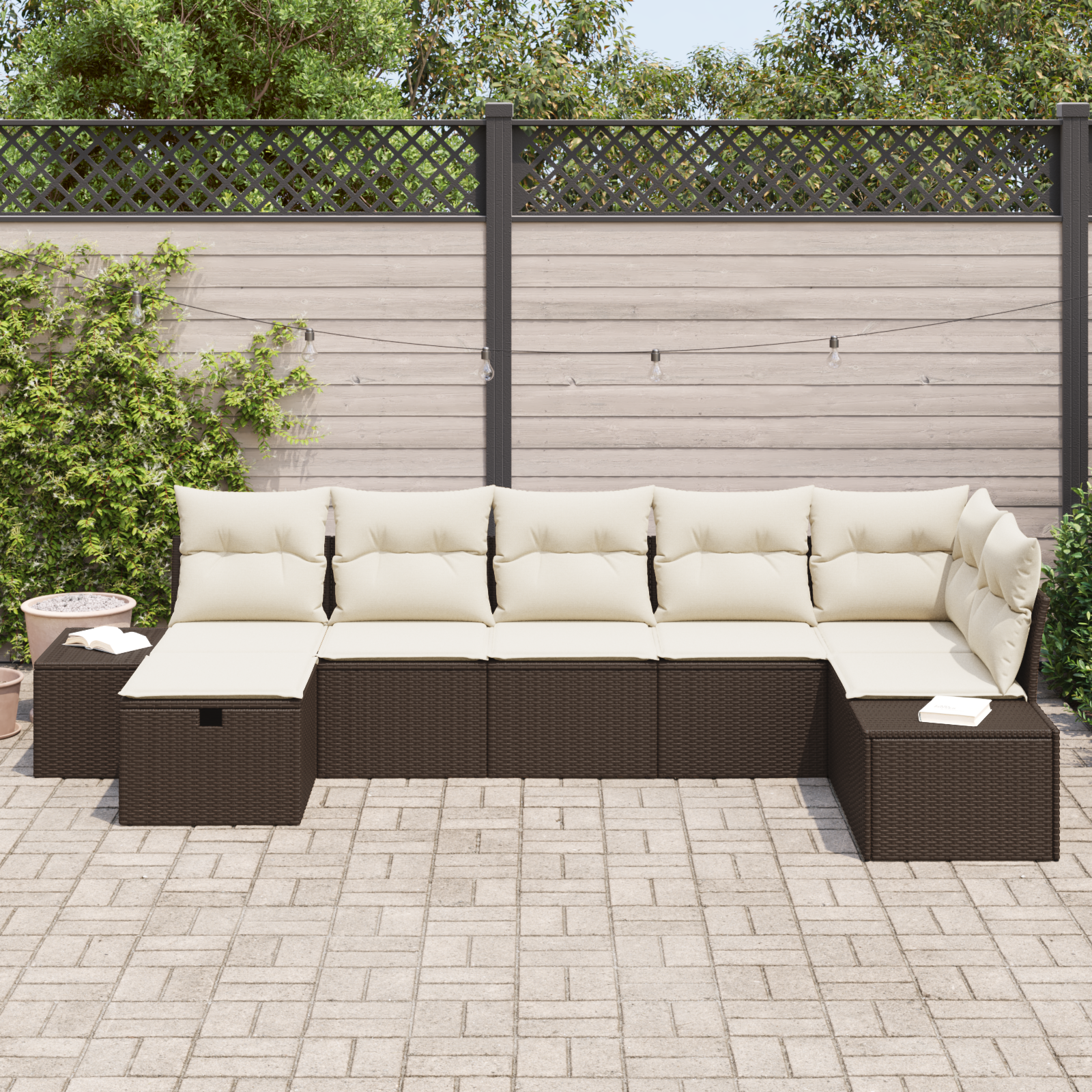vidaXL 7-delige Tuinbankenset met kussens poly rattan bruin