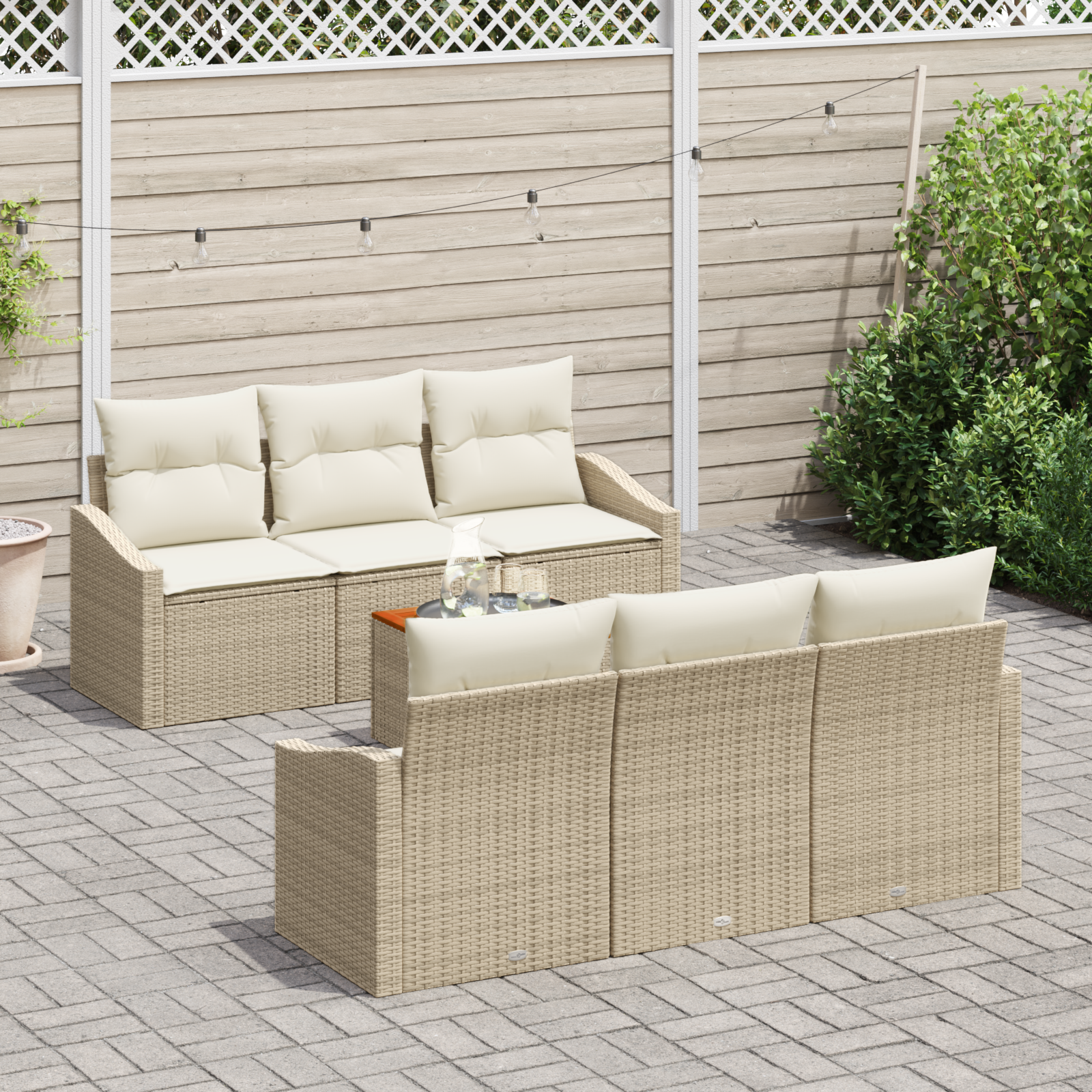 vidaXL 7-delige tuinset met kussens in beige poly rattan en acacia