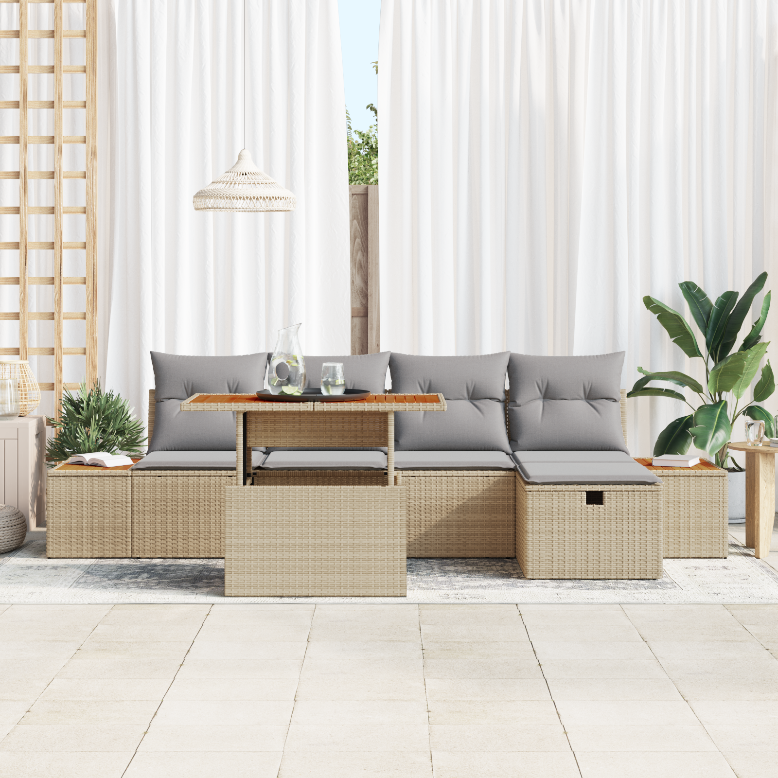 vidaXL 6-delige tuinset met kussens in beige poly rattan en acacia