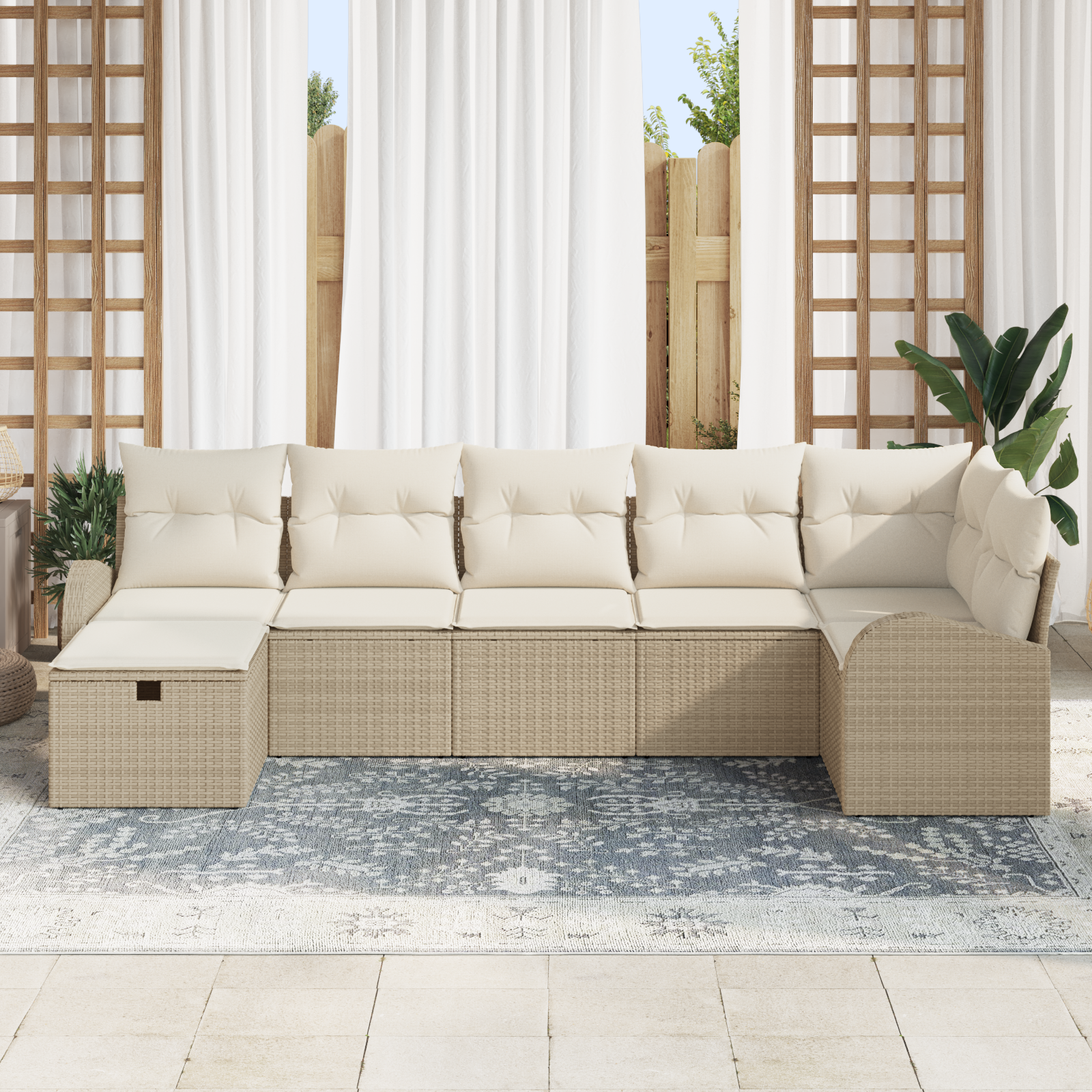 vidaXL 7-delige Tuinbankenset met kussens poly rattan beige