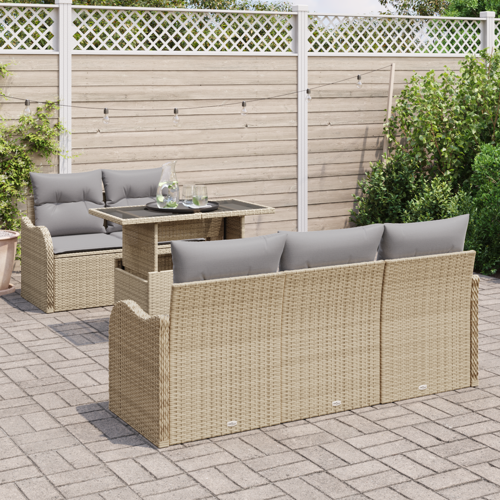 vidaXL 6-delige Tuinbankenset met kussens poly rattan beige