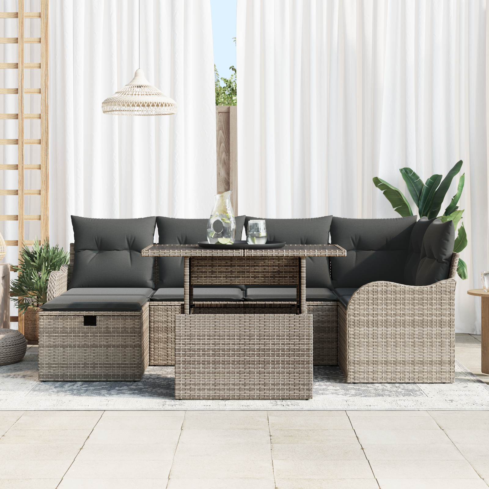 vidaXL 7-delige tuinset met kussens - grijs poly rattan