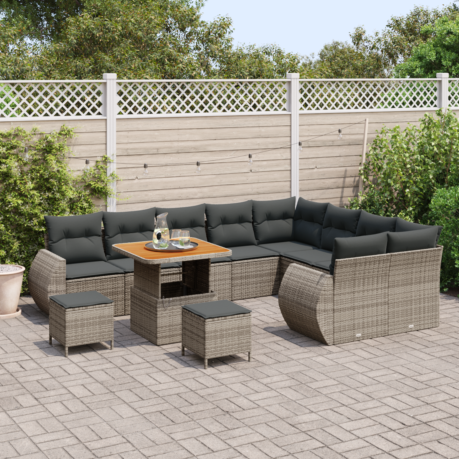 vidaXL 12-delige Tuinbankenset met kussens poly rattan acacia grijs